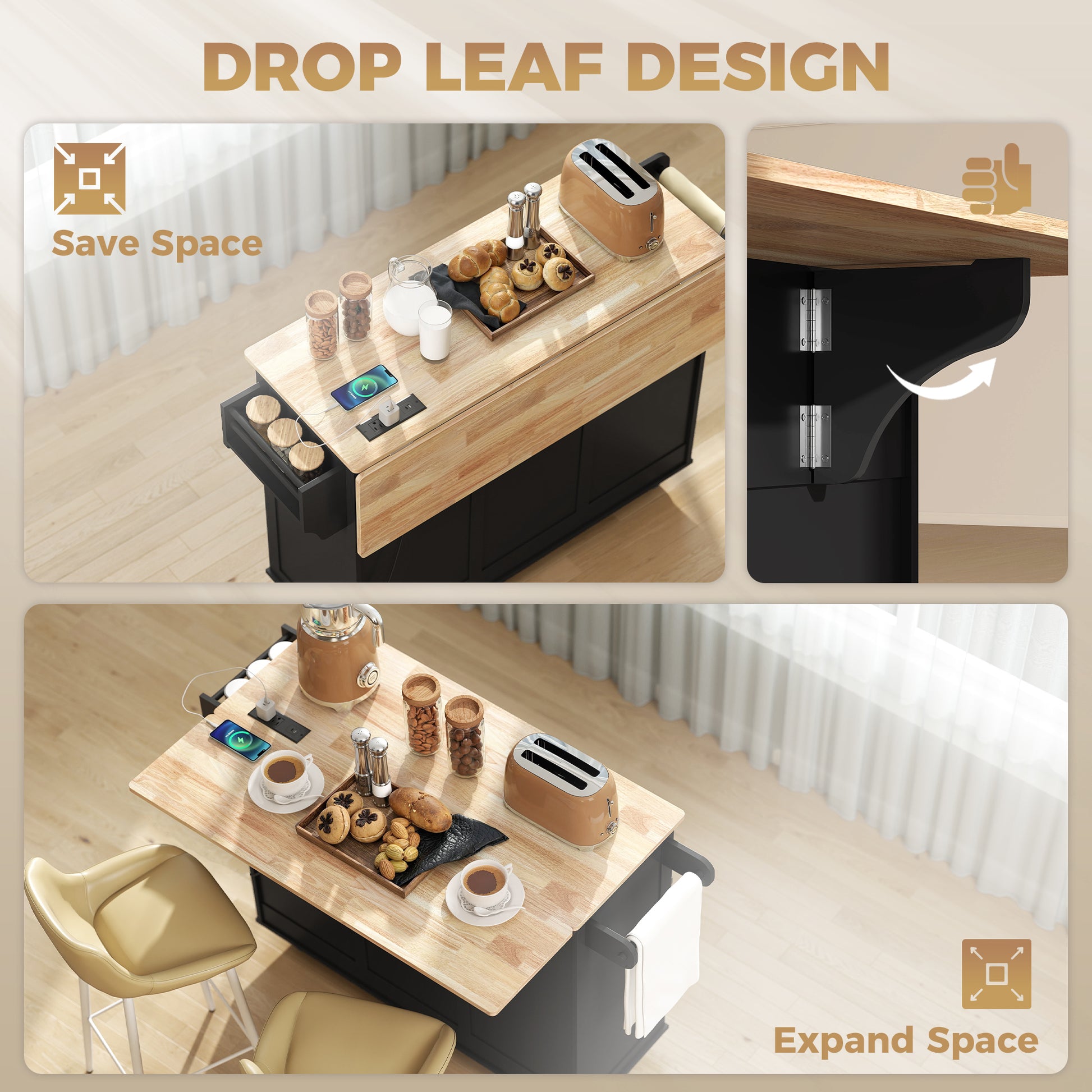 HOMCOM Kitchen Island with Drop Leaf, Charging Station, Black