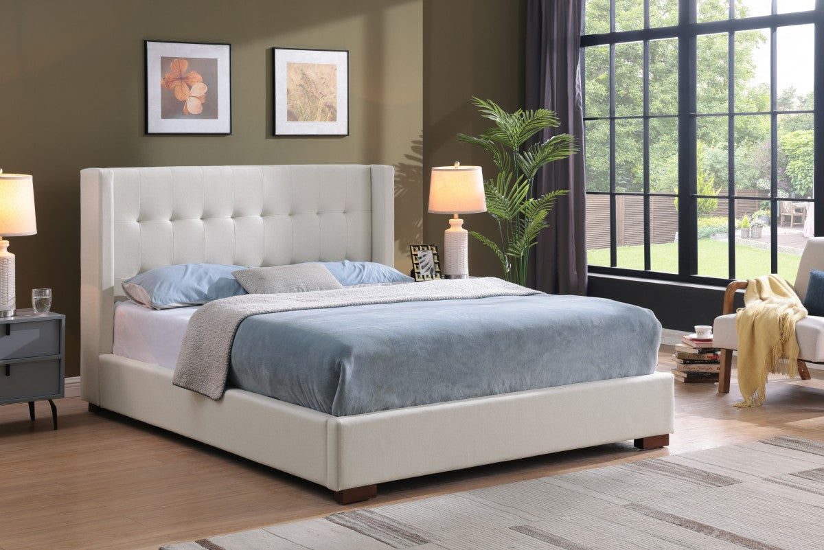 Button-Tufted Solid Wood Bed Frame – Beige