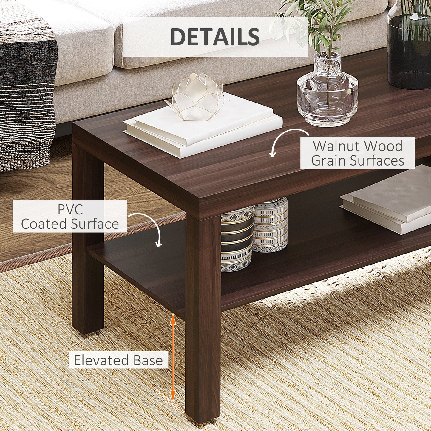 HOMCOM Modern Walnut Wood Coffee Table with 2-Tier Storage Shelf