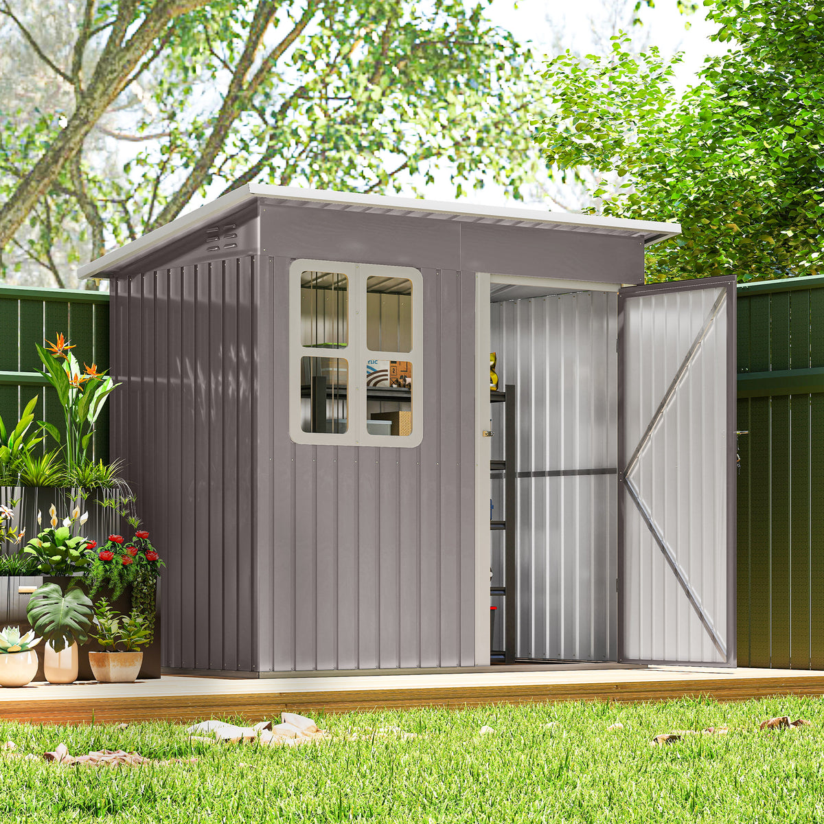 7' x 4' Galvanised Steel Outdoor Storage Shed, Garden Shed with Window, Lockable Wide Door and Air Vents – 87" W x 52.4" D x 68.1" /74.8" H