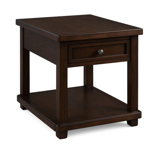 Elegant Bailey Espresso Wood End Table with Drawer and Open Shelf Storage