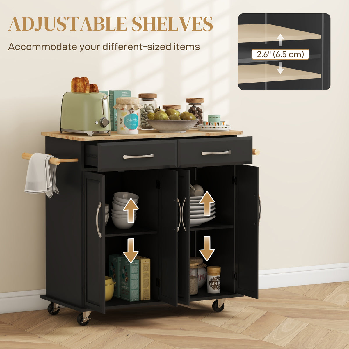 Kitchen Island on Wheels with Rubberwood Top – 44"W x 36"H