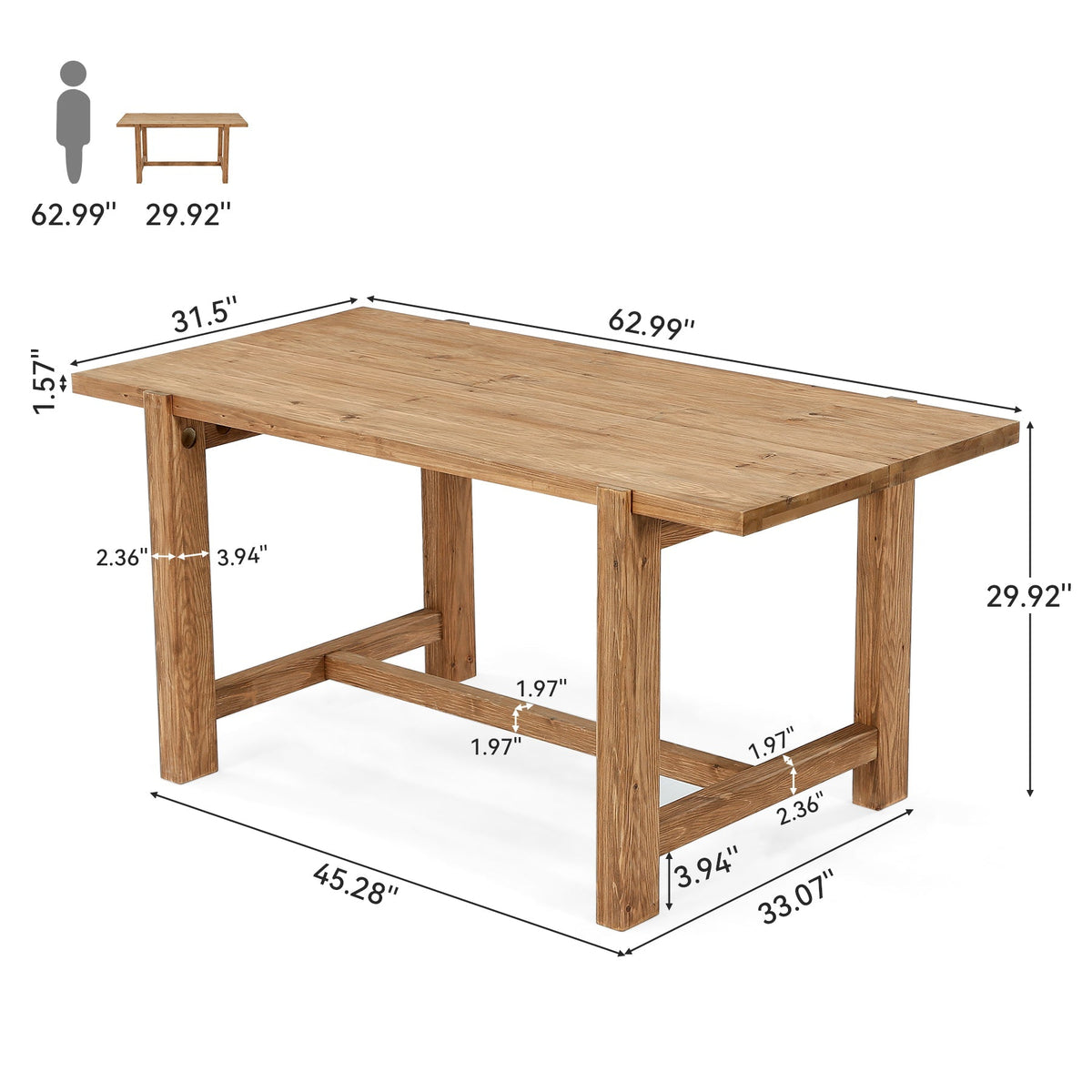 63" Solid Wood Dining Table, Rectangular Kitchen Table for Dining Room 4-6 People
