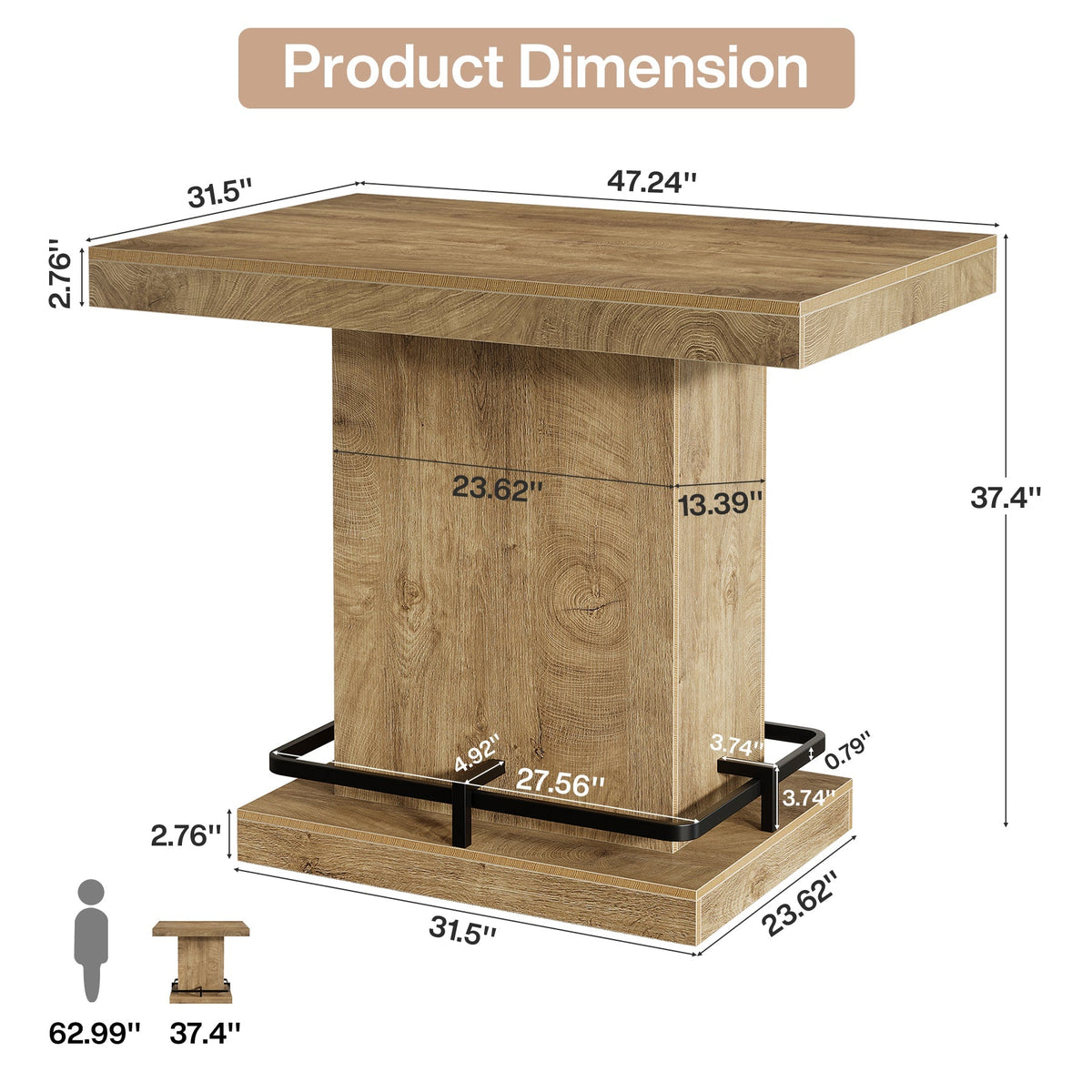 47" Bar Table, Rectangular Bistro Pub Table with Metal Footrest