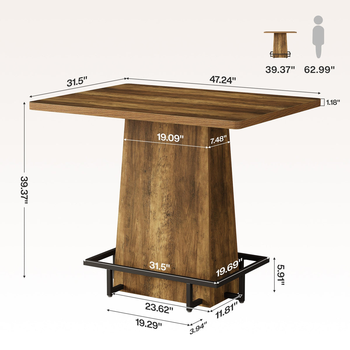 47" Bar Table, Rustic Industrial Pub Table with Footrest for Kitchen Bar Restaurant