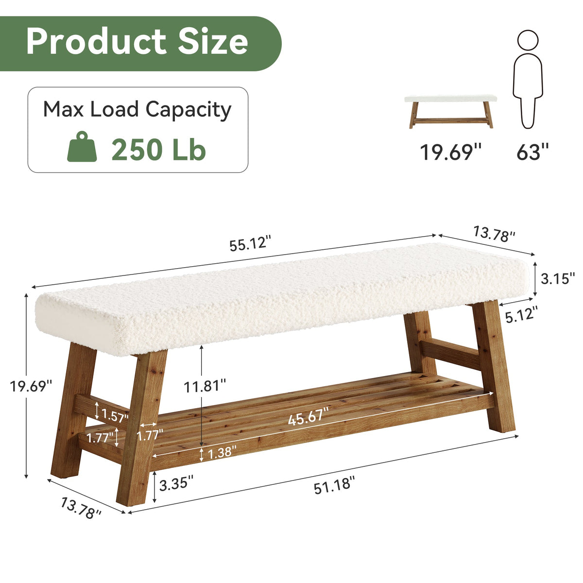 55" Upholstered Entryway Bench, 2-Tier Shoe Bench with Solid Wood Frame
