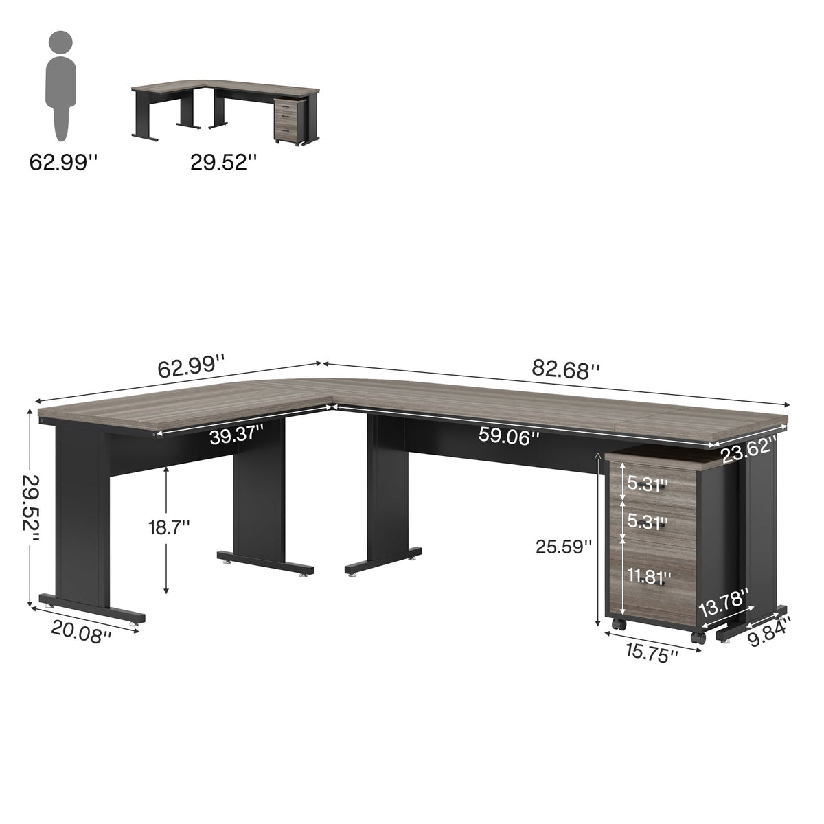 83" L-Shaped Desk, Industrial Corner Executive Desk with Mobile File Cabinet