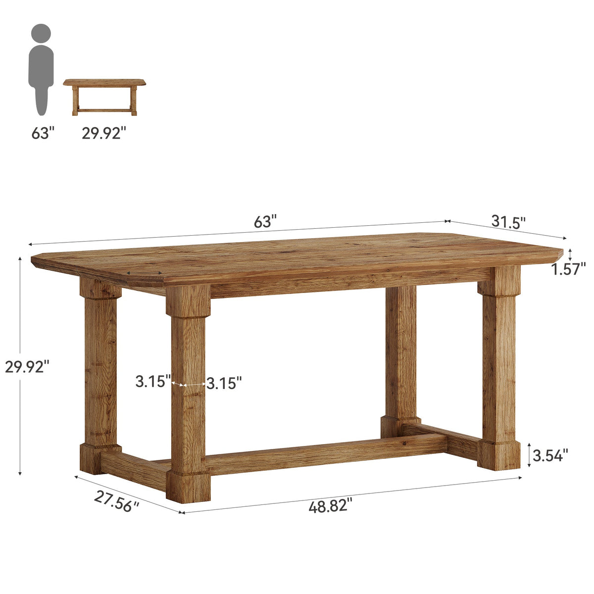 63" Solid Wood Dining Table for 4–6, Rectangular Kitchen Table with Heavy-Duty Legs