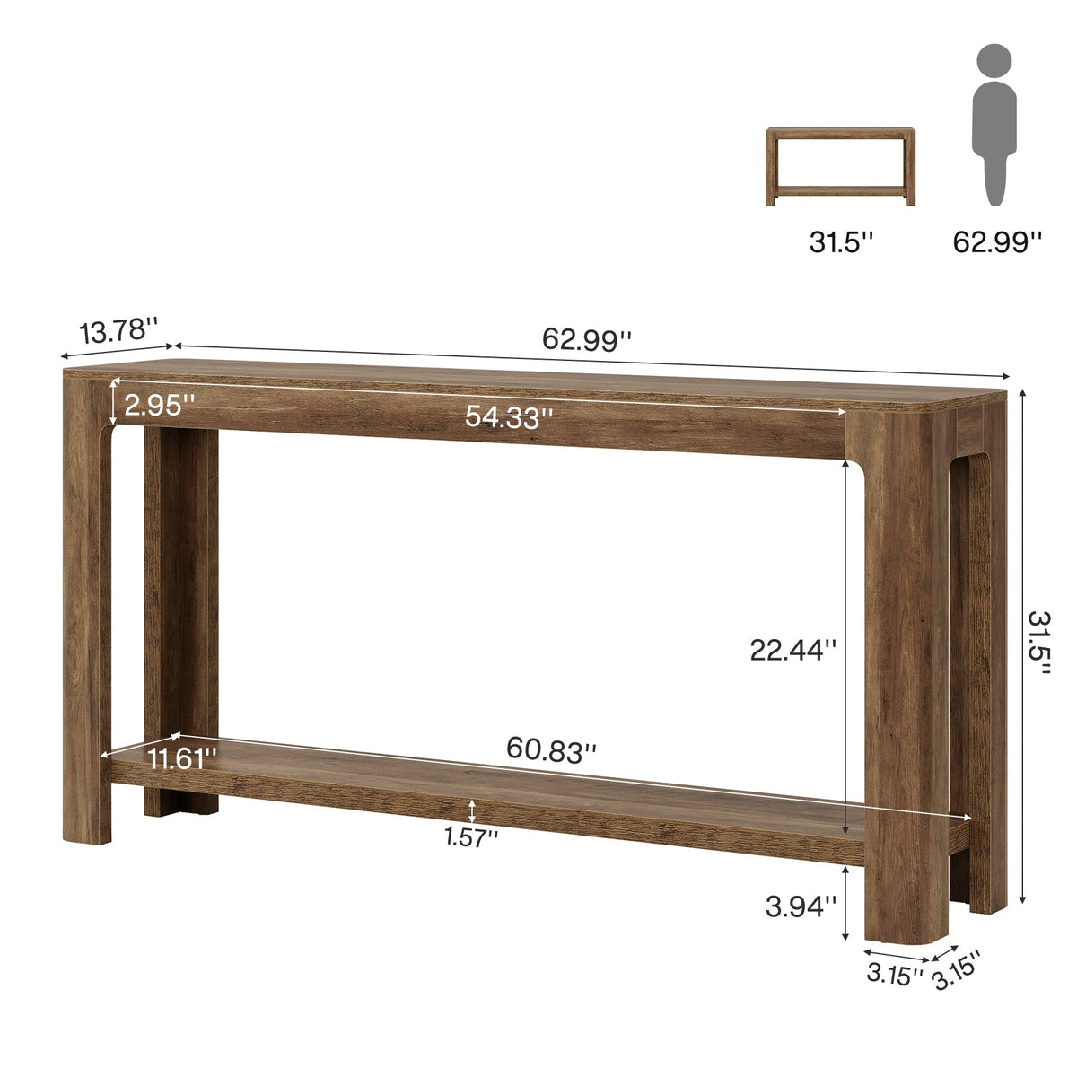 63" Console Table, Narrow 2-Tier Sofa Table Accent Entrance Console