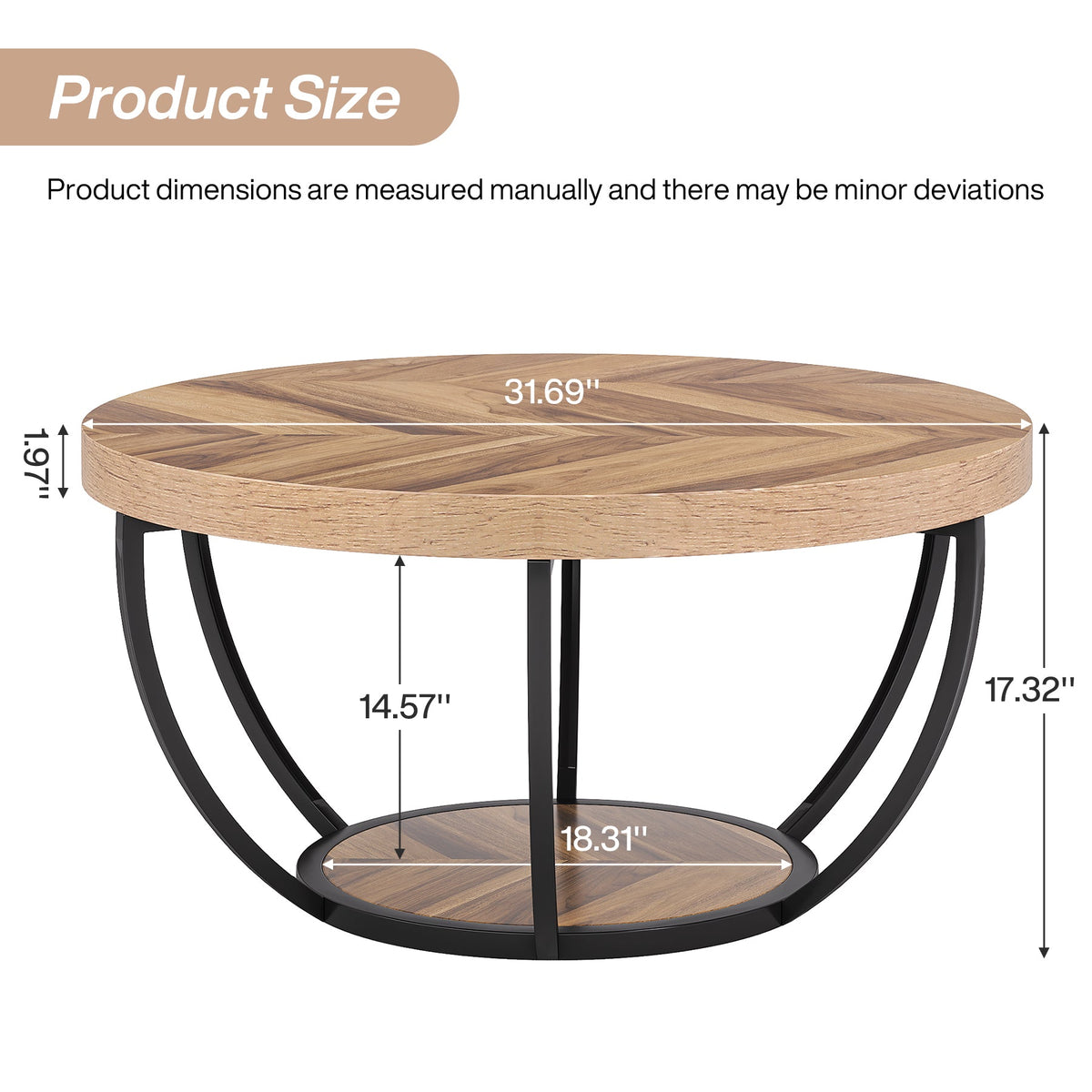 Round Coffee Table, 2-Tier Central Cocktail Table with Shelves