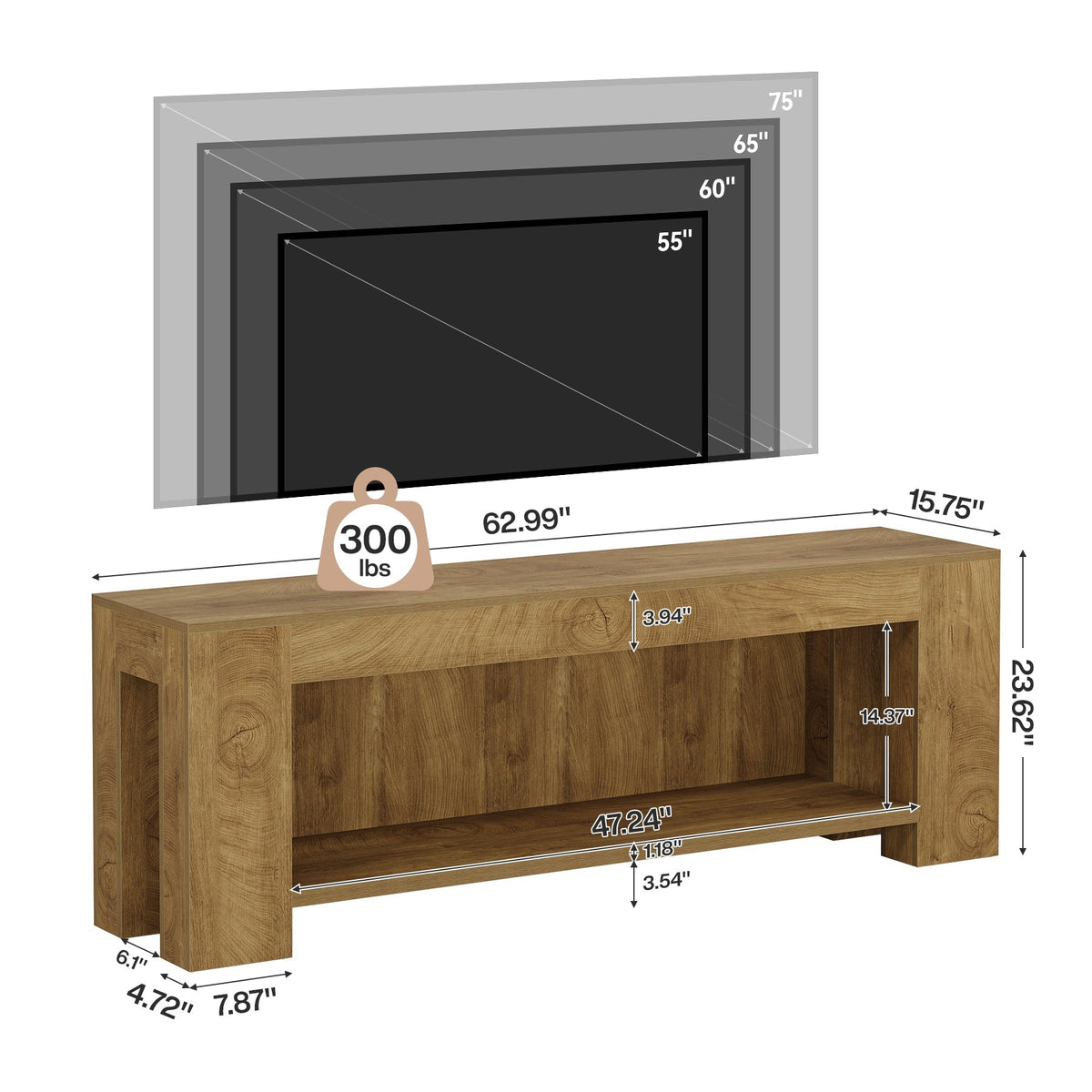 63" TV Stand, Entertainment Center with Open Shelves for Up to 75" TVs