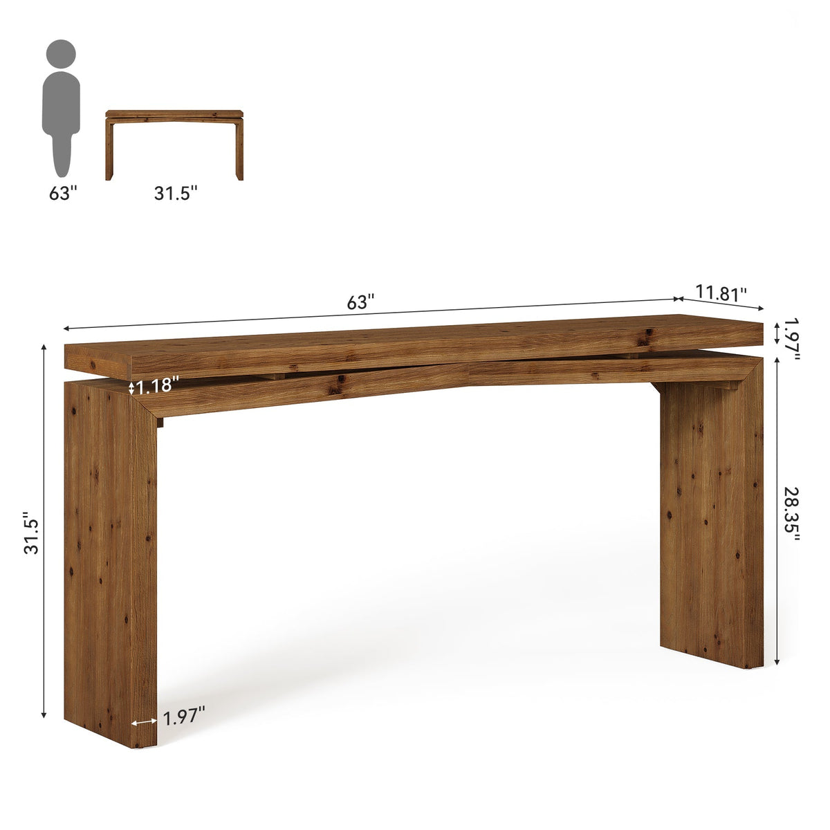 63" Solid Wood Farmhouse Console Table with 2-Tier Shelf, Long Sofa Table for Entryway, Living Room, or Behind Couch