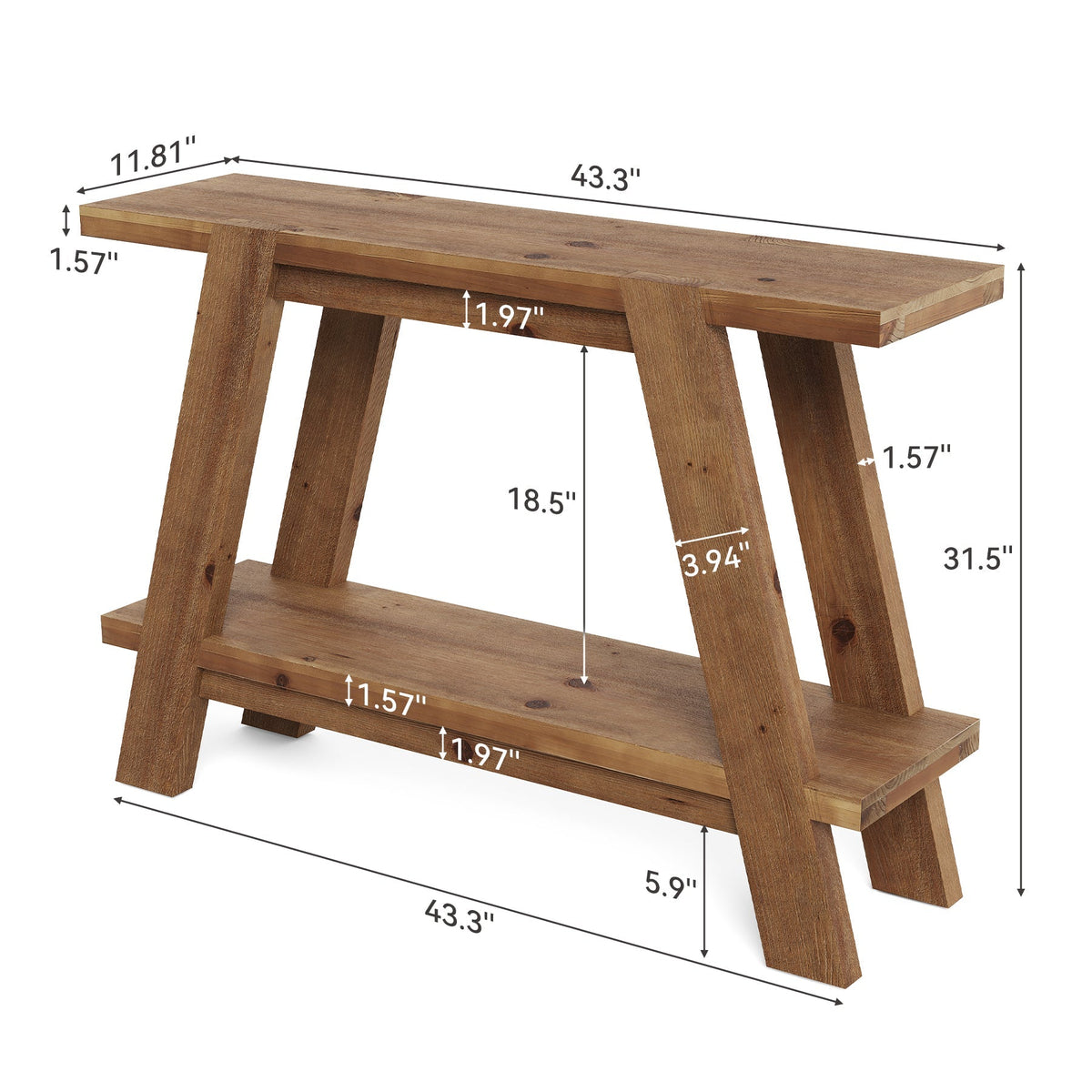 43" Solid Wood Console Table, 2-Tier Narrow Sofa Entryway Table for Living Room
