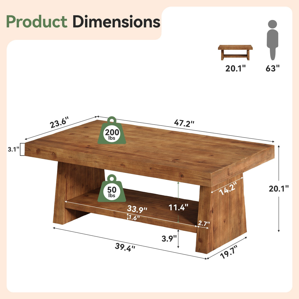 2-Tier Solid Wood Coffee Table, 47" Farmhouse Wood Center Table with Storage