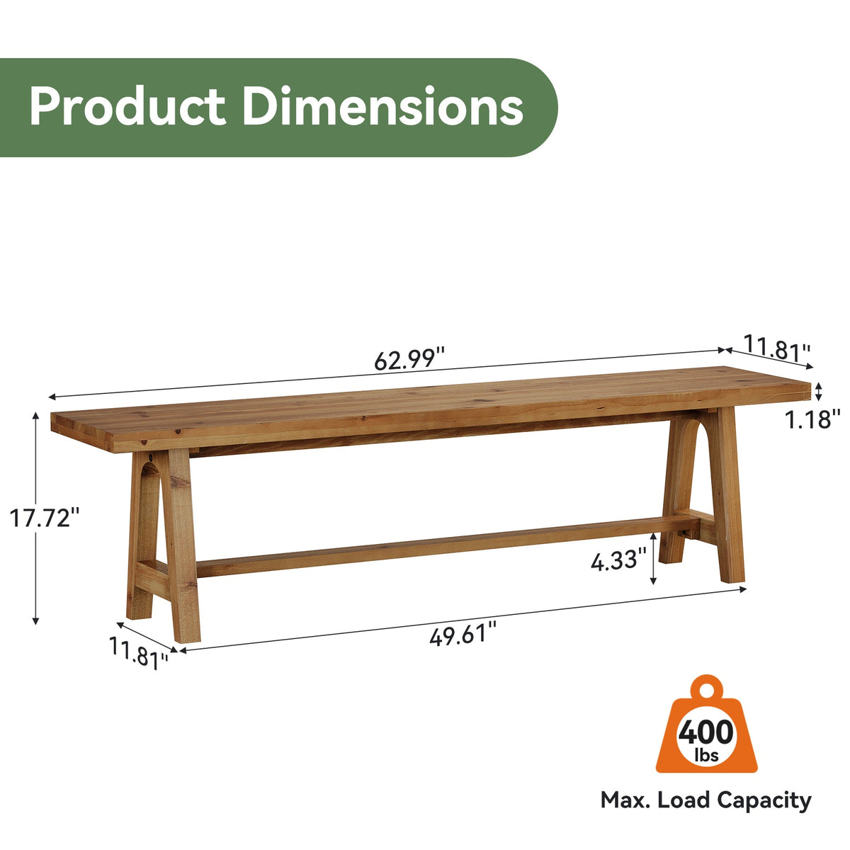 63" Solid Wood Dining Bench, Farmhouse Kitchen Bench for Dining Room, Kitchen