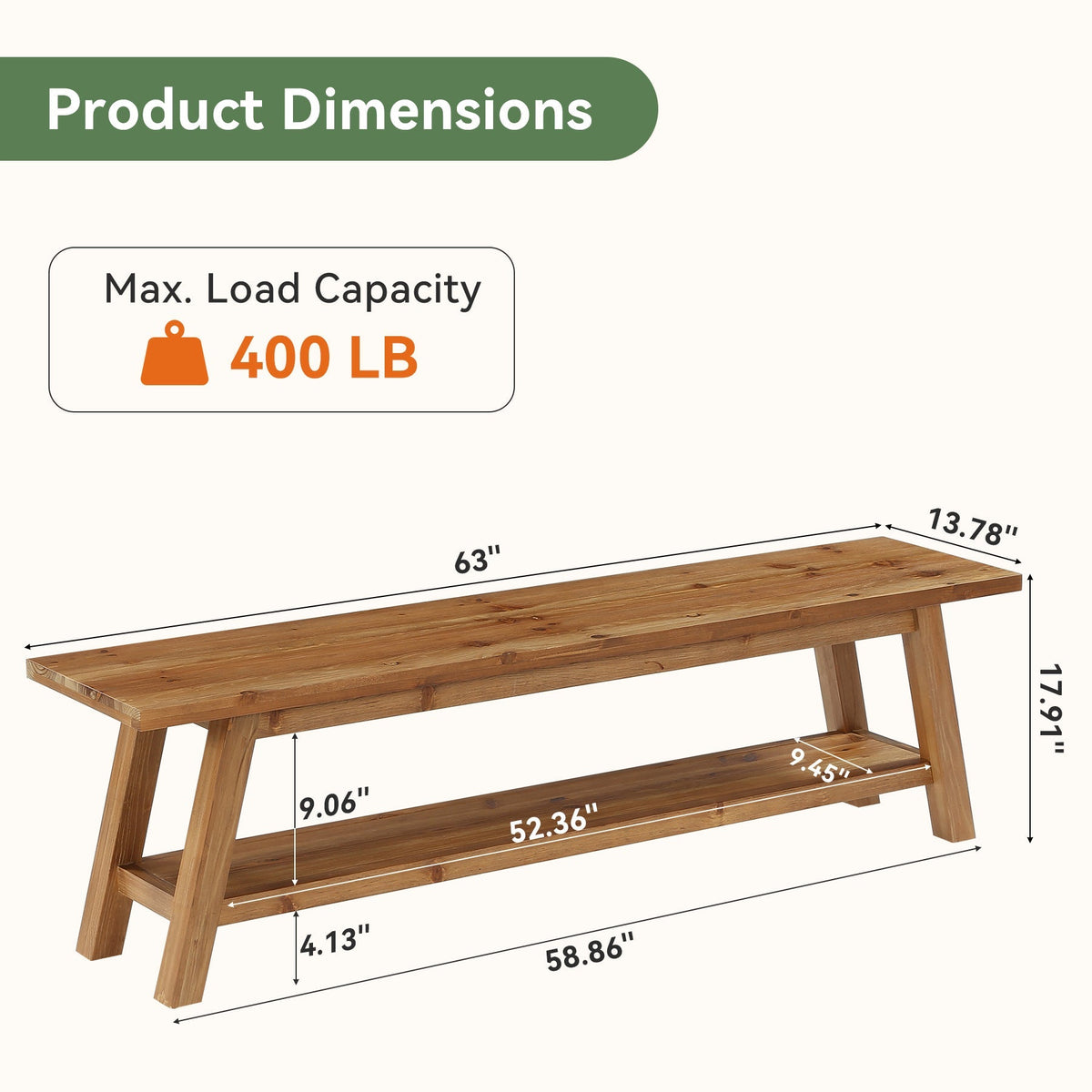 63" Solid Wood Dining Bench, Farmhouse Kitchen Bench Seating with Shelf