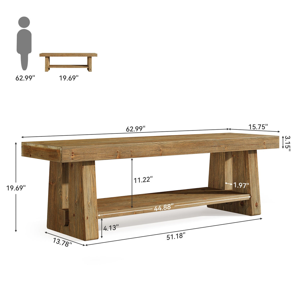 63" Solid Wood Entryway Bench, 2-Tier Shoe Storage Bench for Hallway