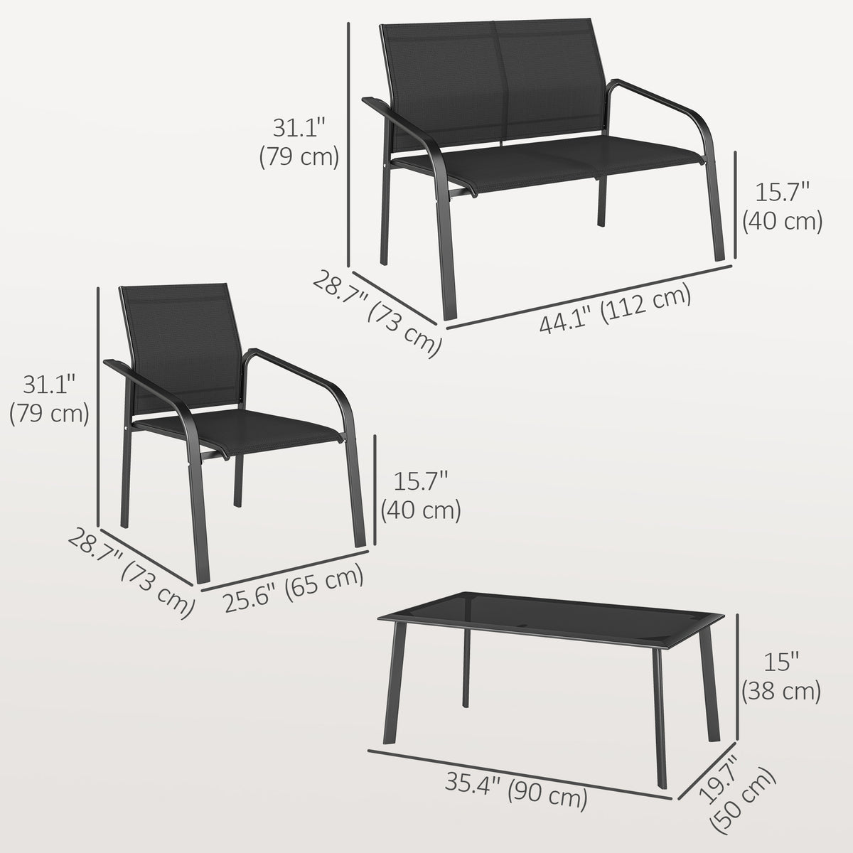 4 Piece Patio Furniture Set, Outdoor Conversation Set with Deep Seat, Loveseats, Armchairs, Glass-Top Table