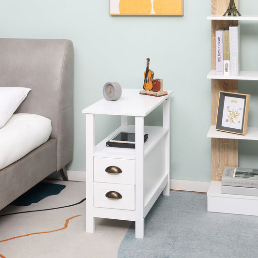 HOMCOM Modern Slim White End Table with 2 Drawers and Storage Shelf