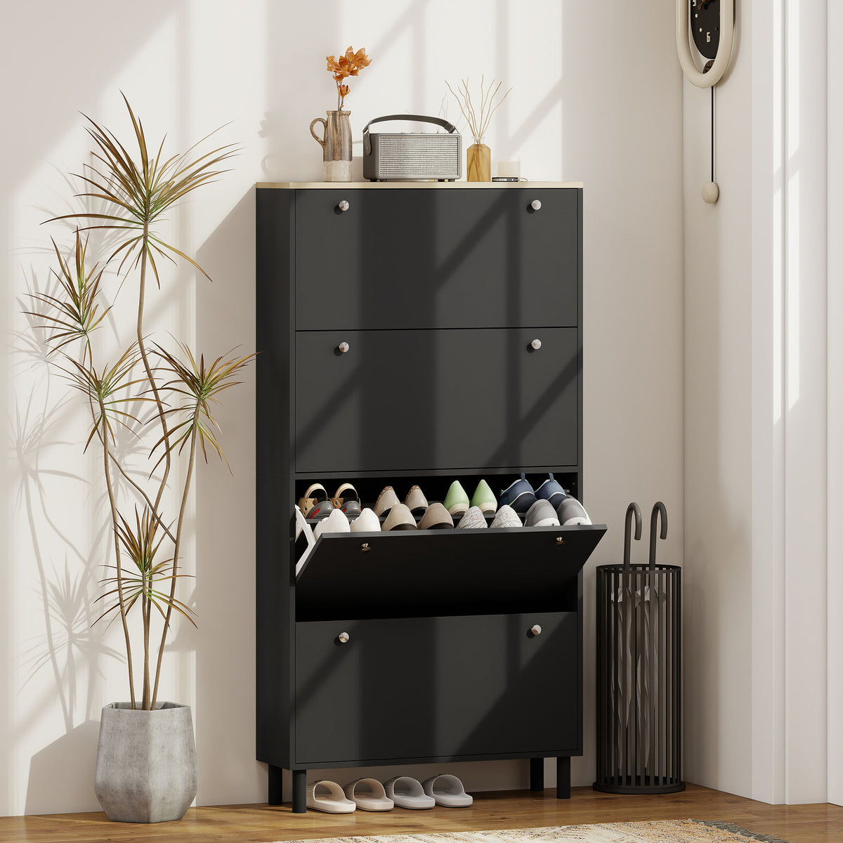 Narrow Shoe Cabinet with 4 Flip Drawers – 31"W x 62"H