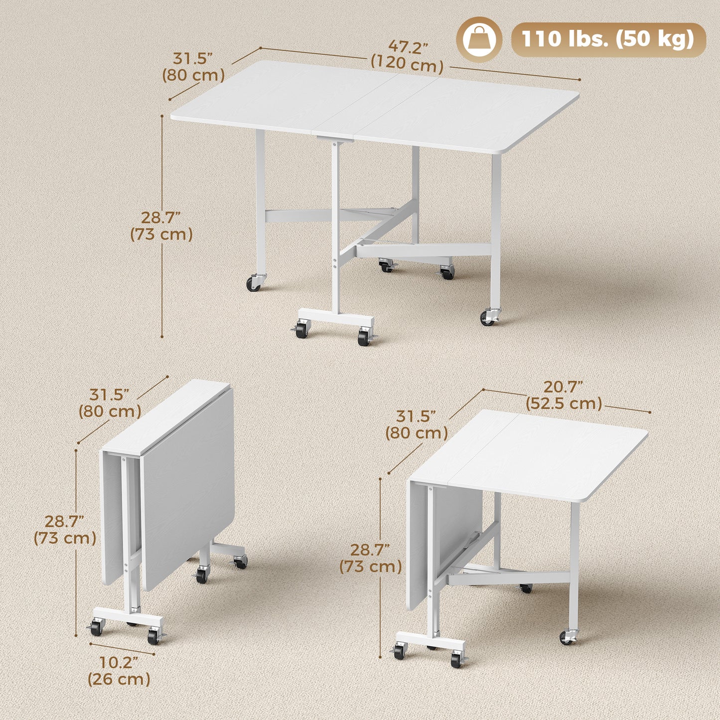 HOMCOM Six-Seater Drop-Leaf Dining Table with Wheels White