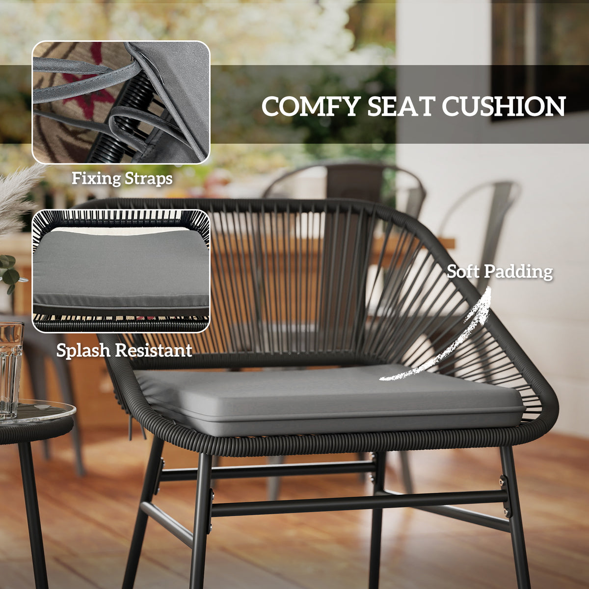 3 Piece Bistro Set, Wicker Outdoor Patio Furniture Set with Glass Top Table, Cushions for Balcony, Porch