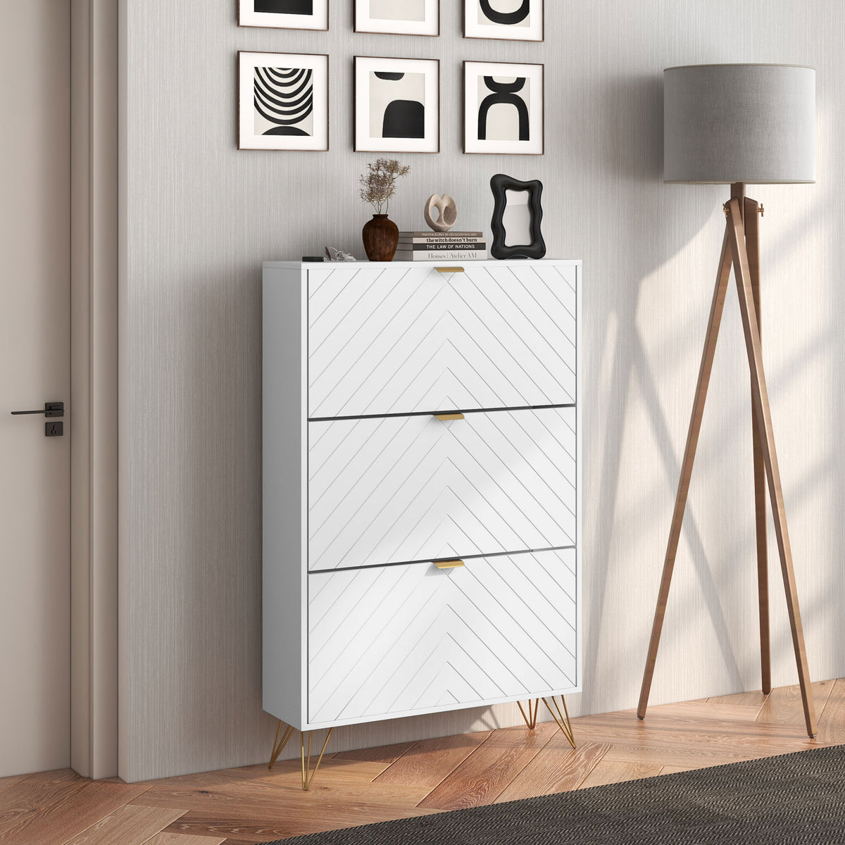 Modern Shoe Storage Cabinet with 3 Flip Drawers – 31"W x 50"H