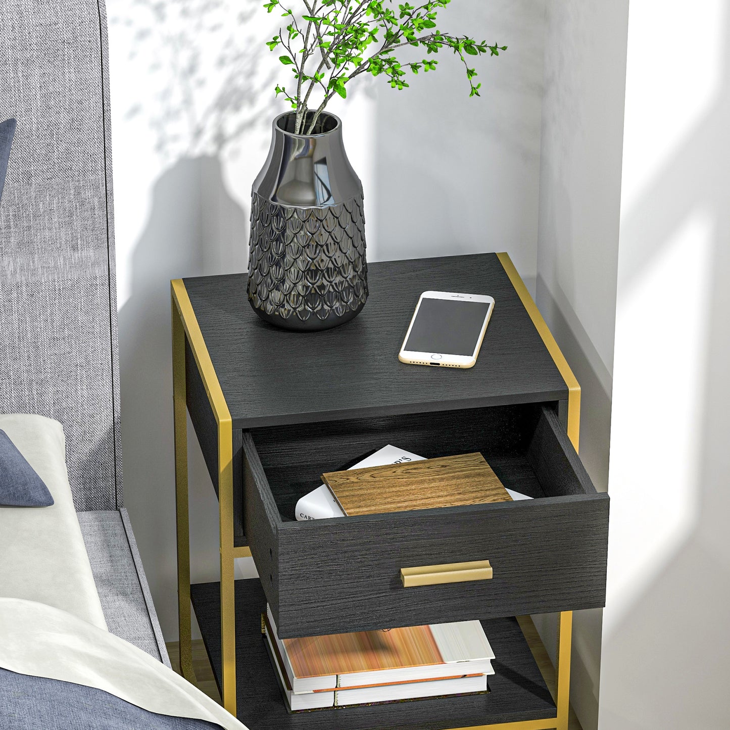 HOMCOM Modern Black Nightstand Set: Drawer, Shelf, Steel Frame