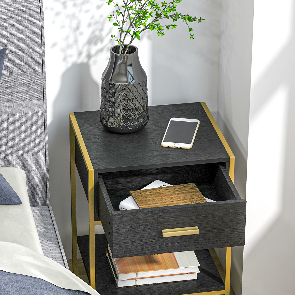 Nightstands with Drawer, Shelf and Steel Frame, Set of 2 – 18"W x 24"H