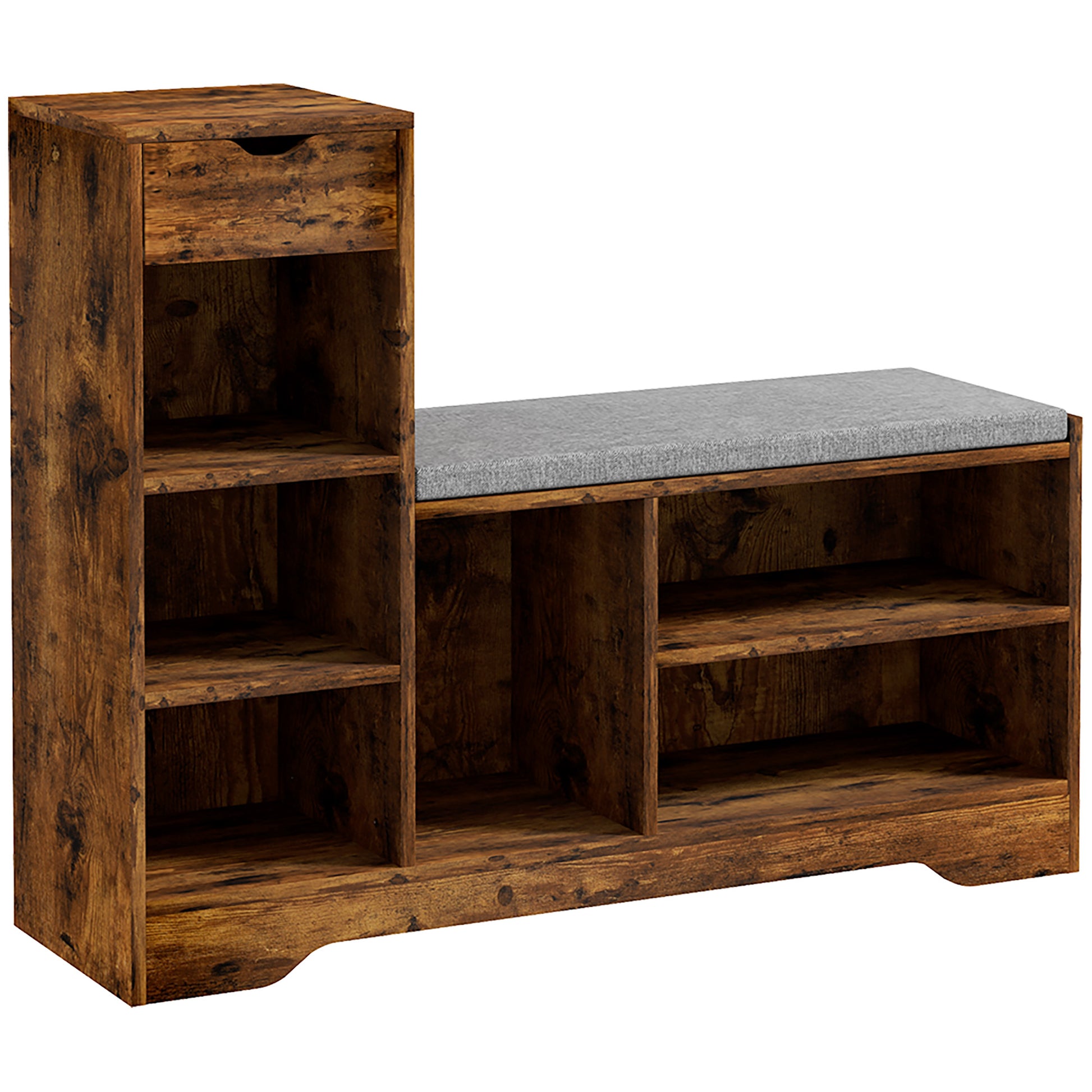 HOMCOM Rustic Brown Upholstered Shoe Storage Bench with Drawer & 6 Shelves
