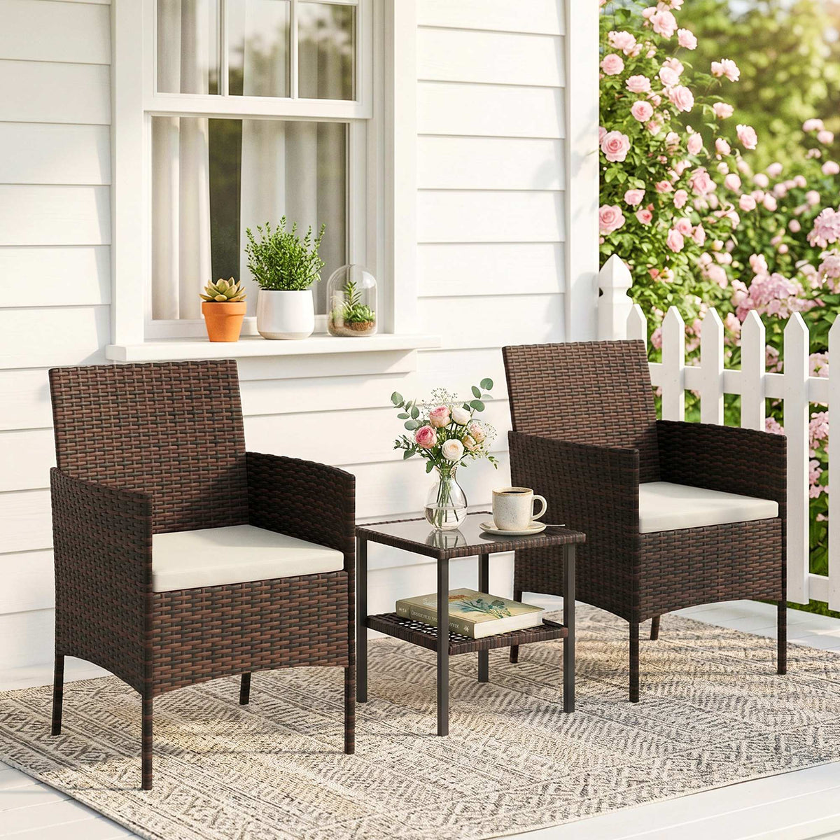 Wicker Bistro Set, 3 Piece Patio Furniture Set with 2-Tier Glass Top Table, Cushions for Balcony, Porch – Khaki – Beige