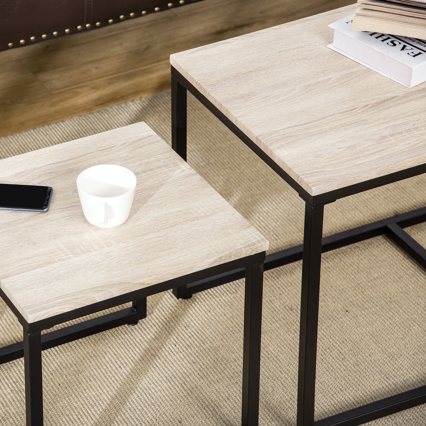 Modern Nesting Coffee Table Set, 3-Piece, Black Metal Frame, Natural Wood Grain