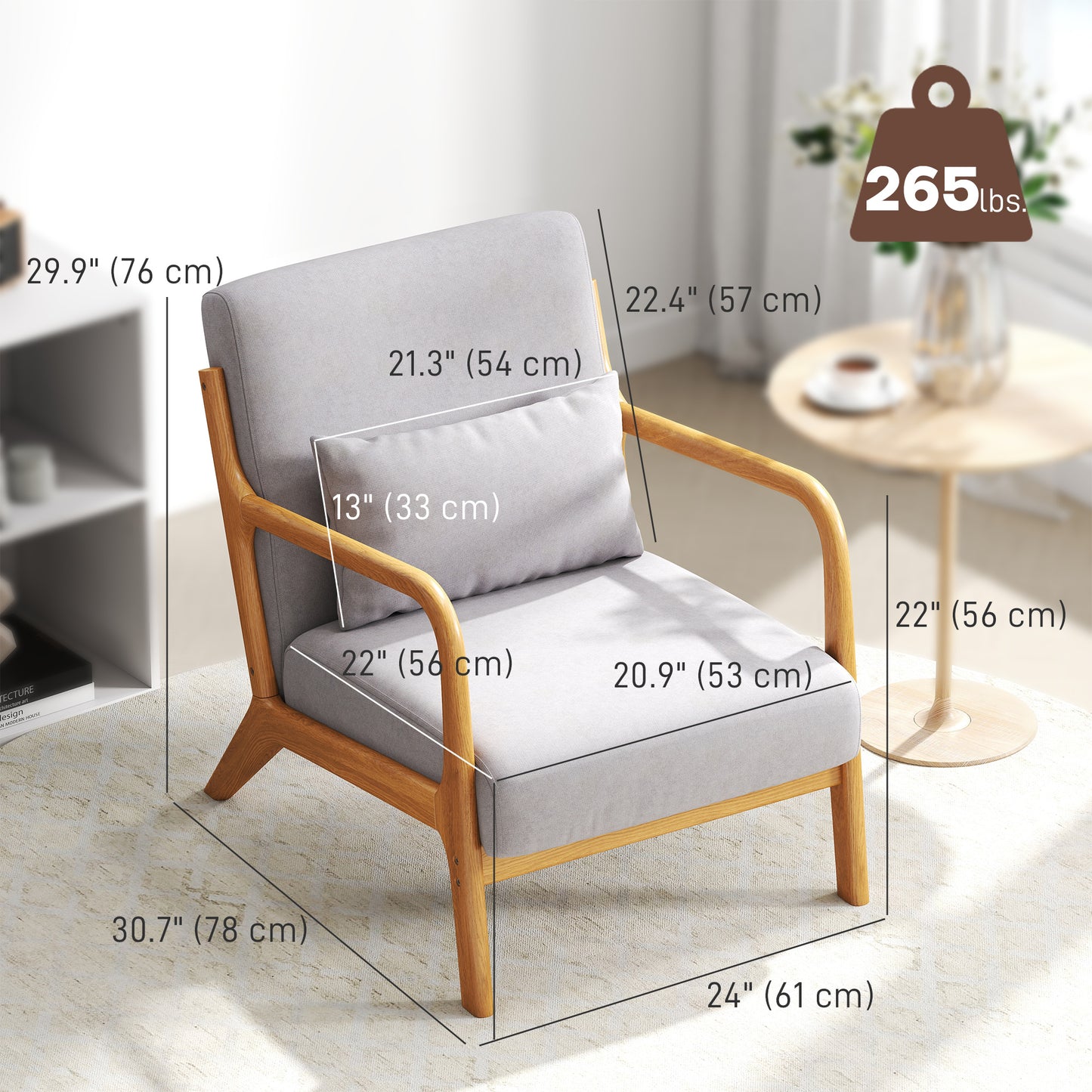 HOMCOM Grey Velvet Fabric Retro Accent Lounge Chair with Wood Legs