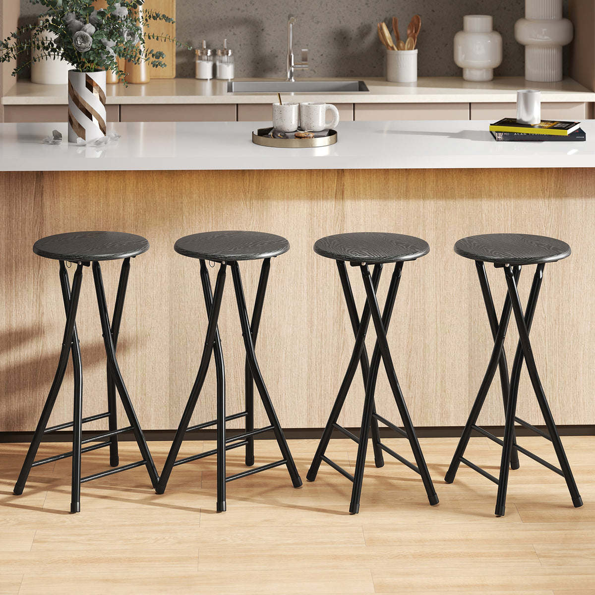Foldable Counter Height Bar Stools with Double Footrest, Set of 4, Black