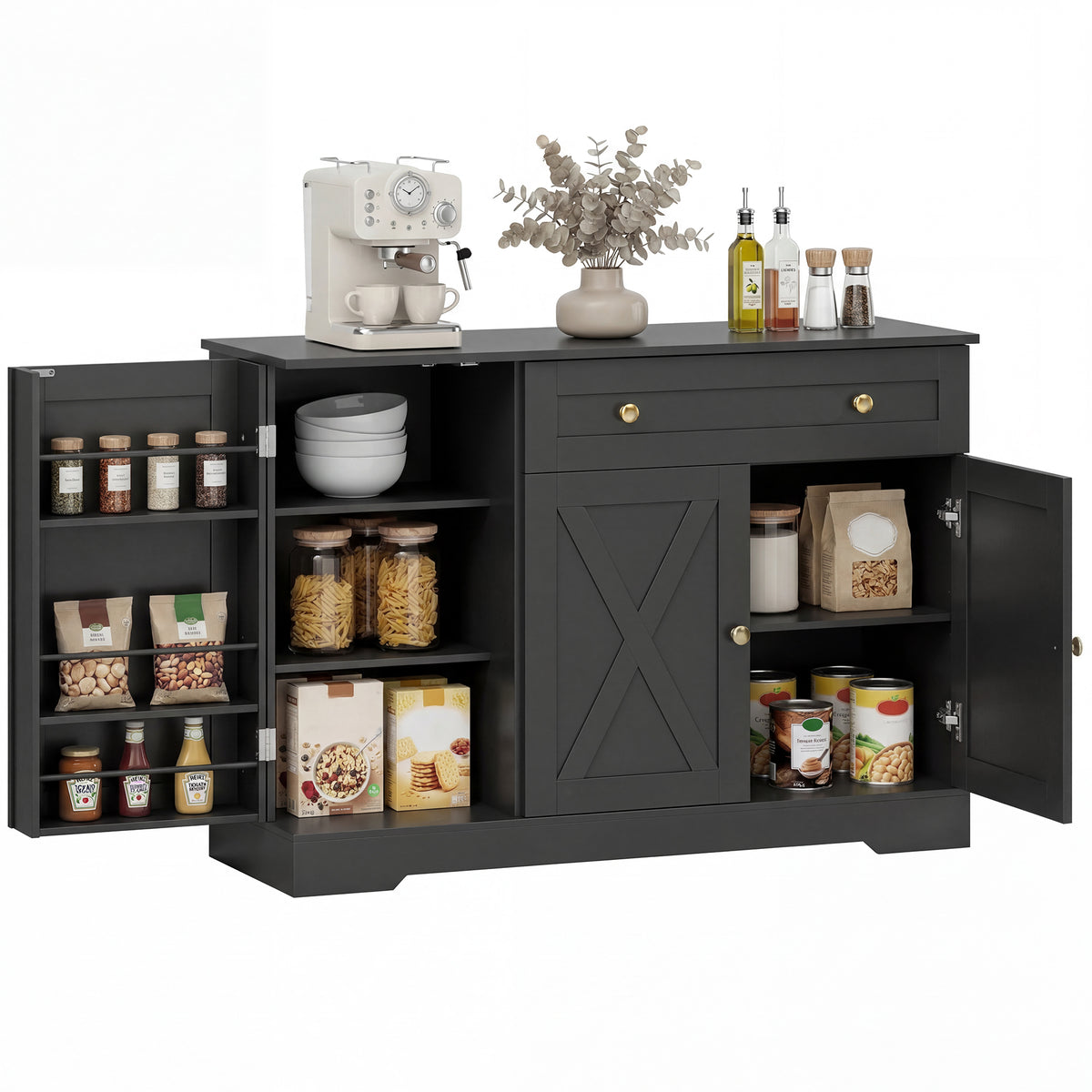 Farmhouse Sideboard with Barn Doors and Door Shelves – 47"W x 33"H