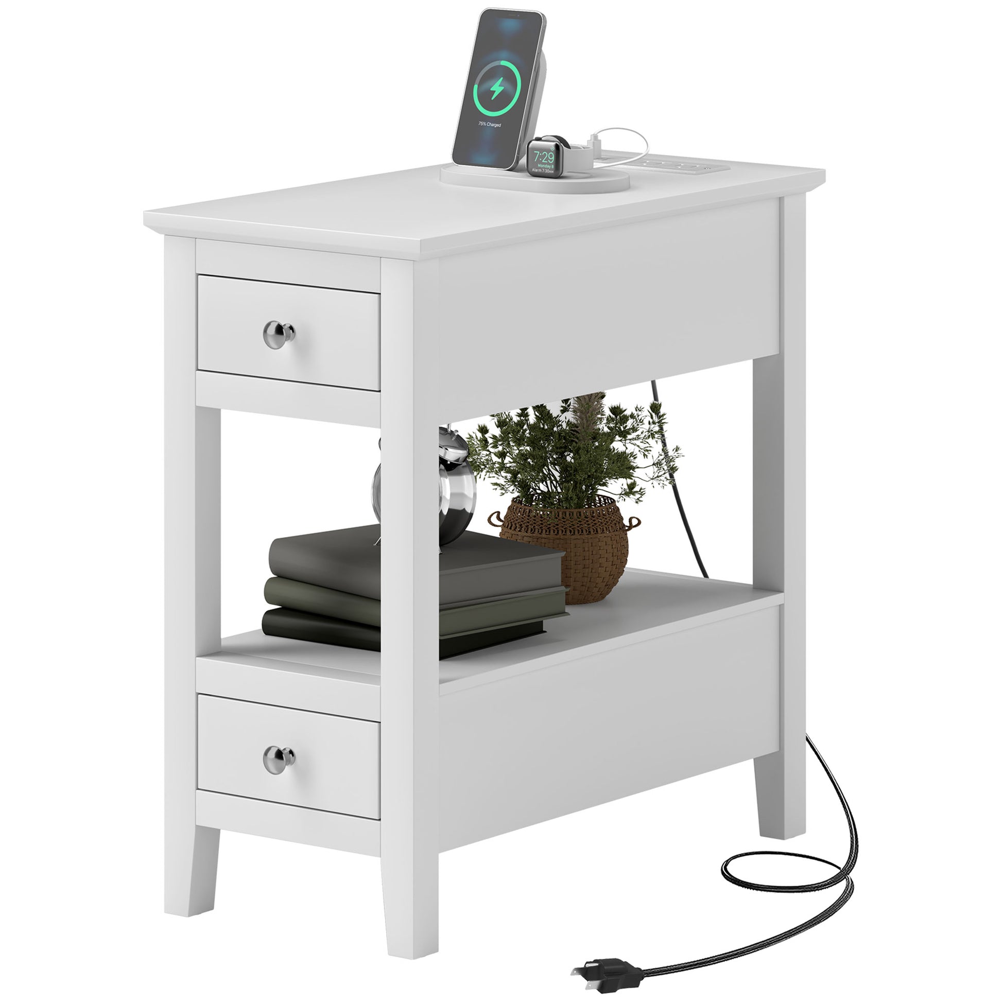 HOMCOM Modern Narrow Side Table with Charging Station USB Ports Storage Drawers