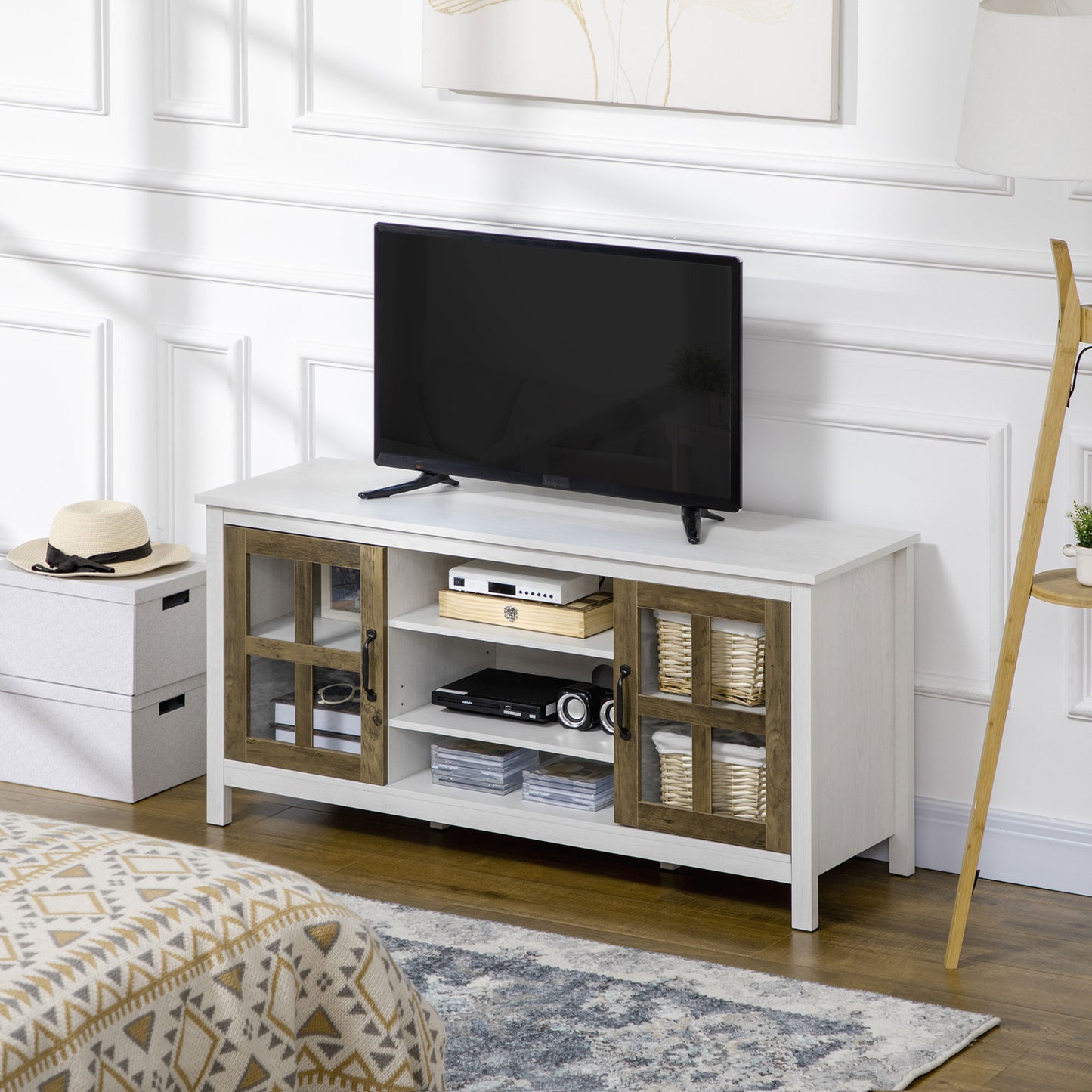 HOMCOM Modern Farmhouse TV Stand Cabinet for 55-inch TVs with Storage, White
