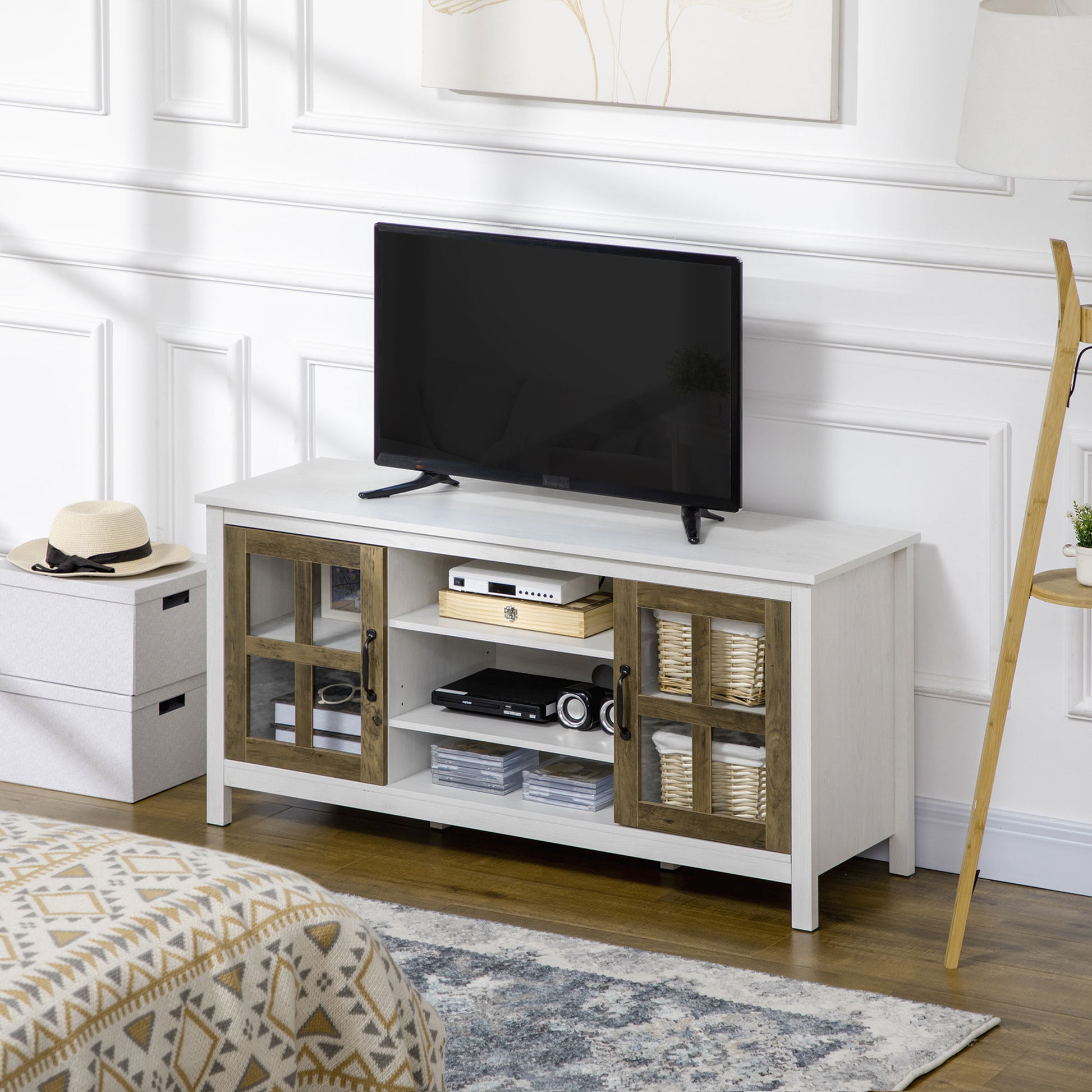 HOMCOM Modern Farmhouse TV Stand Cabinet for 55-inch TVs with Storage, White