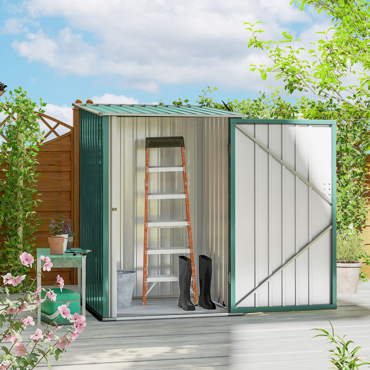 3.3' x 3.4' Lean-to Outdoor Garden Storage Shed, Galvanized Steel with Lockable Door for Patio – Green