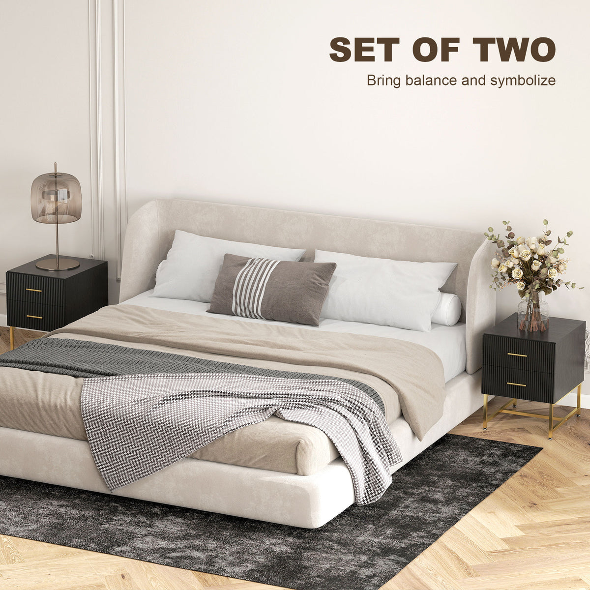 Fluted 2-Drawer Nightstands with Gold Legs, Set of 2 – 16"W x 19"H