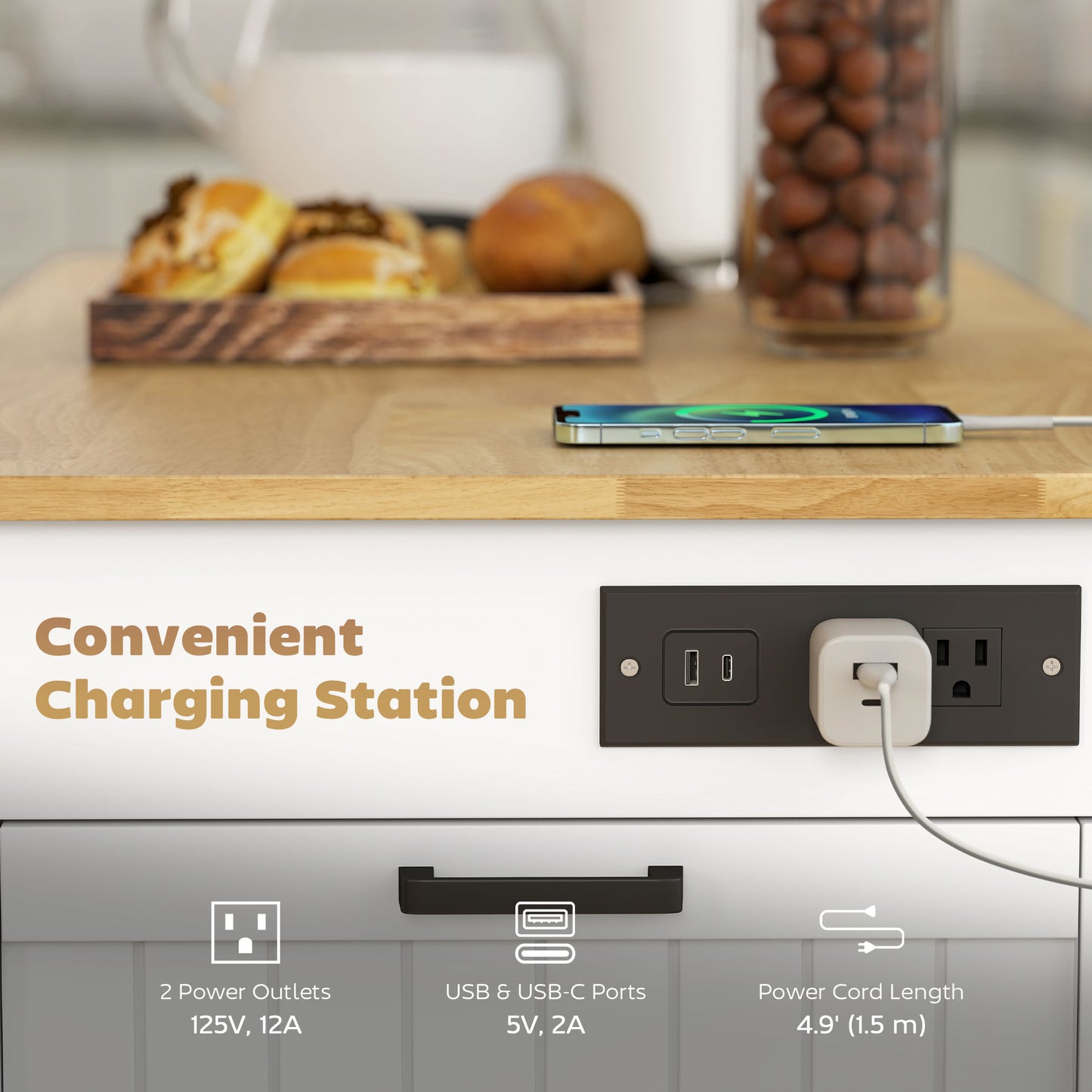 HOMCOM Kitchen Island Cart Portable with Charging Station White
