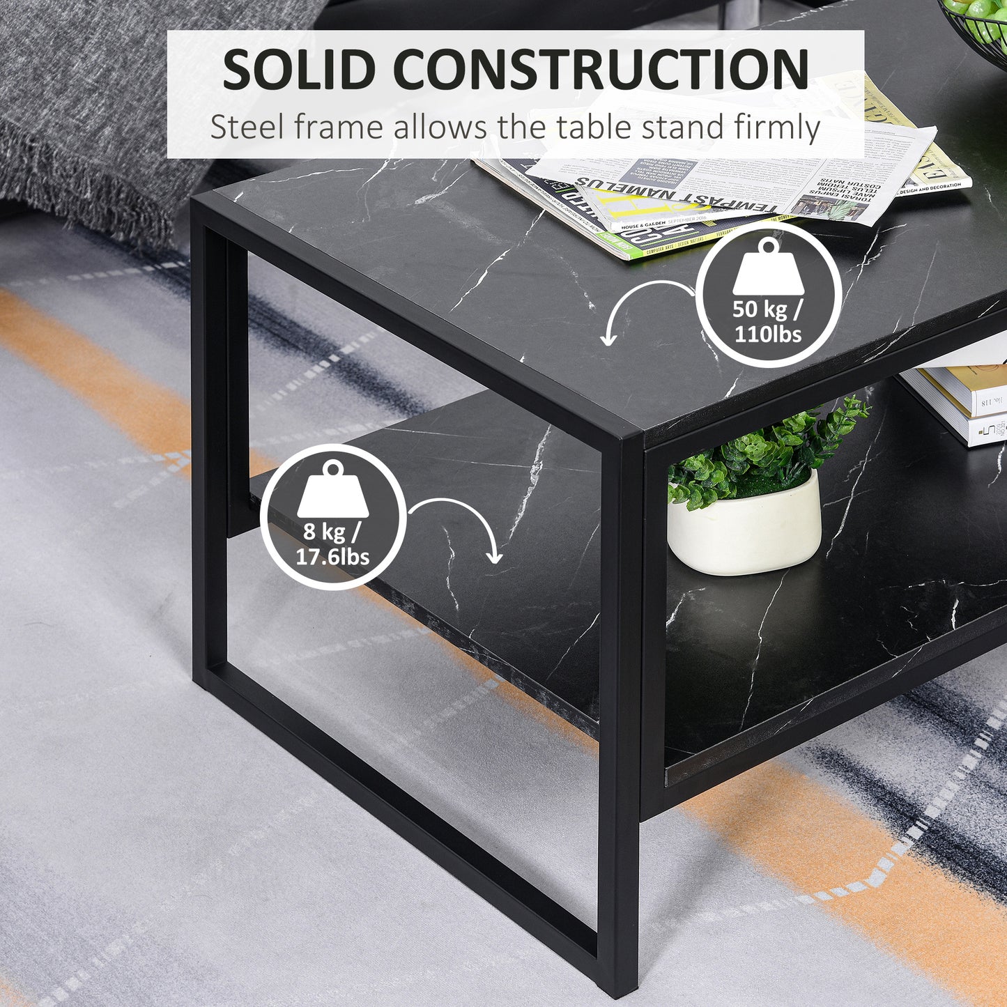 HOMCOM Modern Marble Texture Coffee Table with Storage Shelf for Living Room
