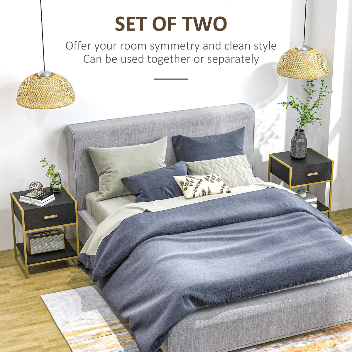 Nightstands with Drawer, Shelf and Steel Frame, Set of 2 – 18"W x 24"H