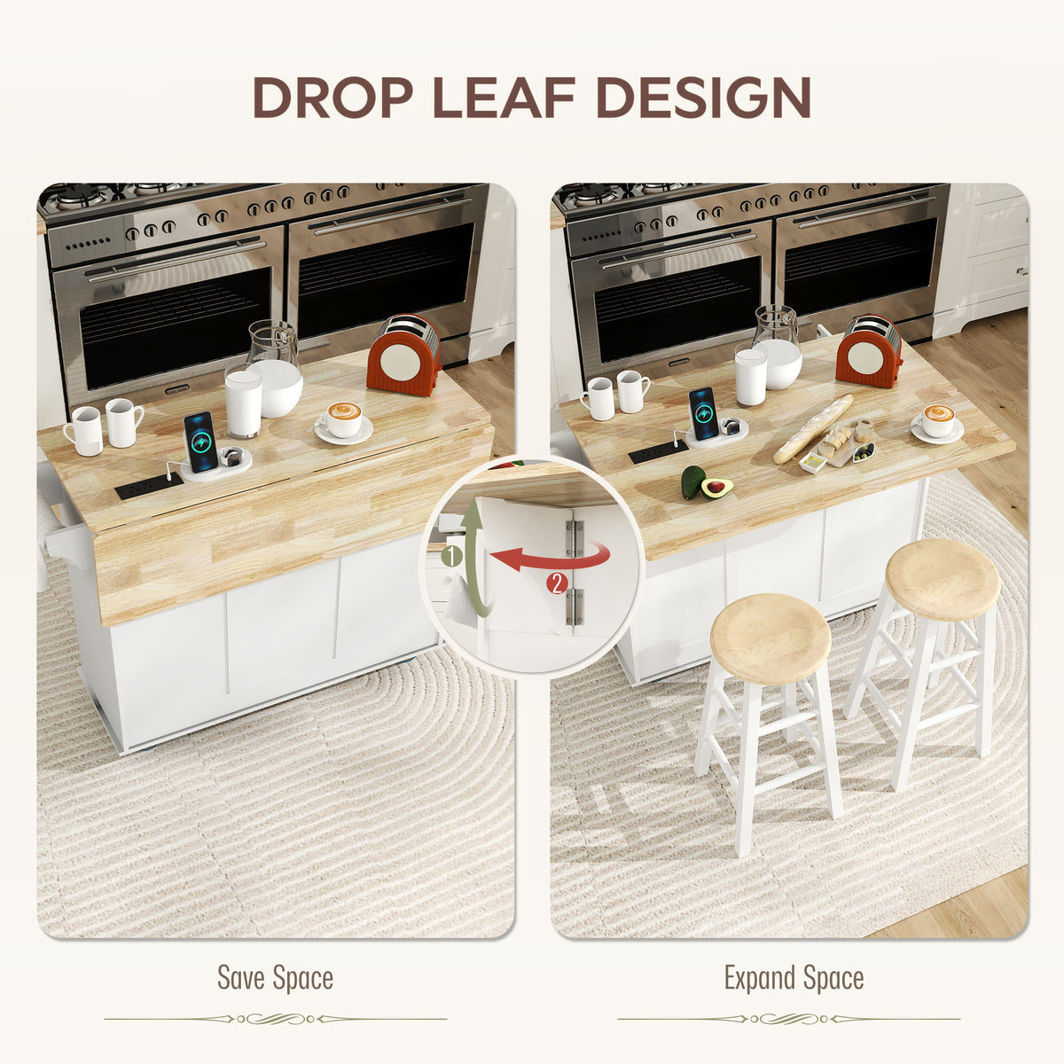 Kitchen Island on Wheels with Wood Drop Leaf – 47"W x 37"H