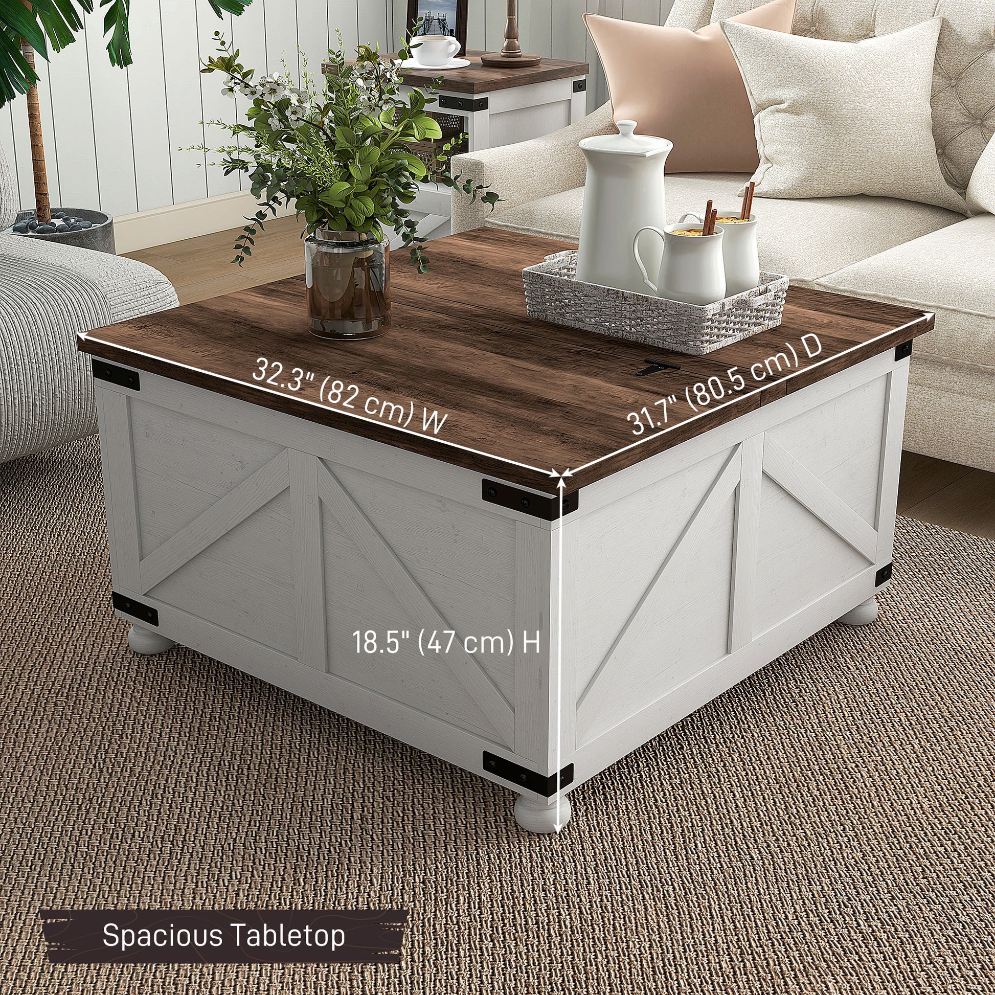 HOMCOM Coffee Table With Lift Top 32" Farmhouse Center Table, Antique White