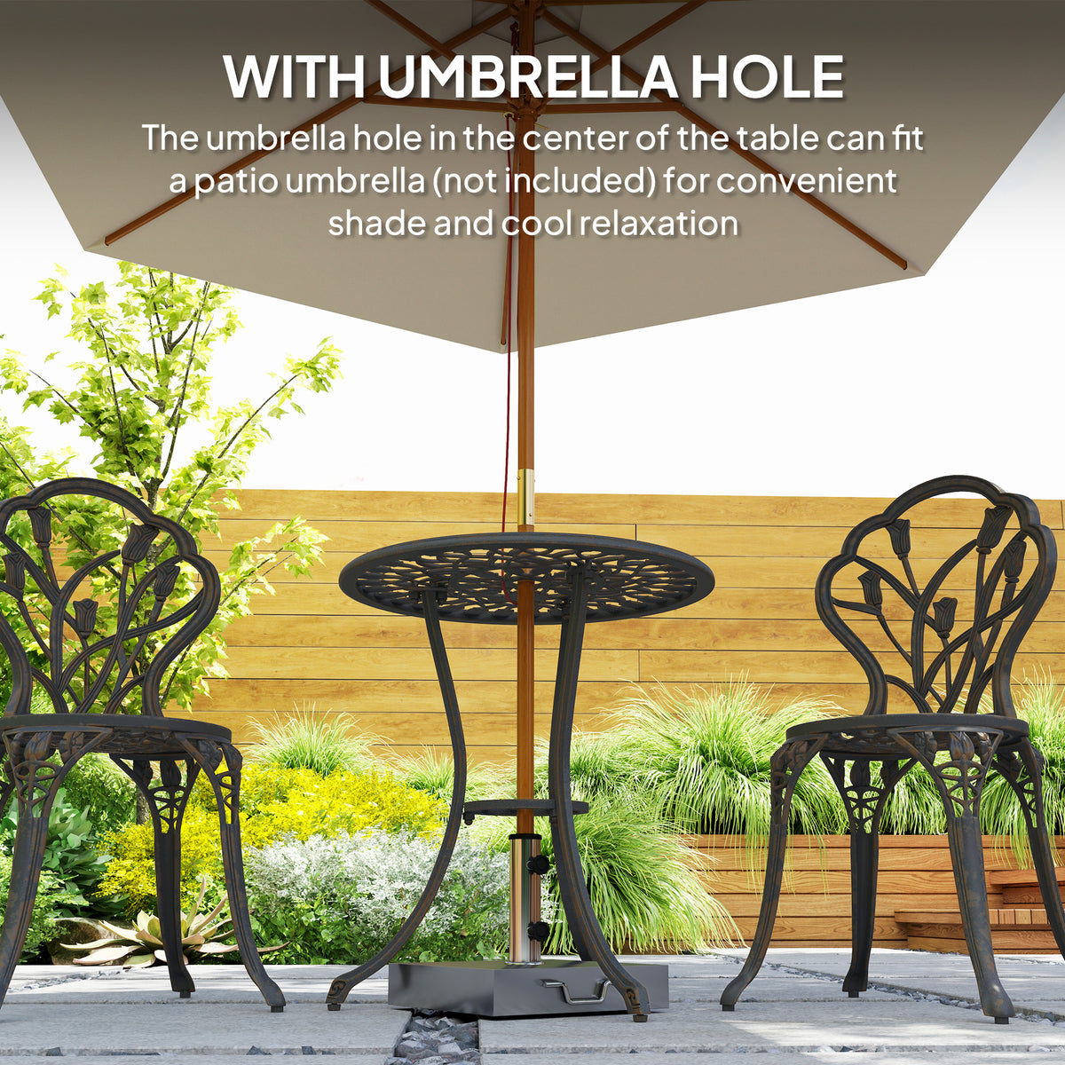 3PCs Patio Bistro Set, Outdoor Cast Aluminum Garden Table and Chairs with Umbrella Hole for Balcony, Bronze – Bronze