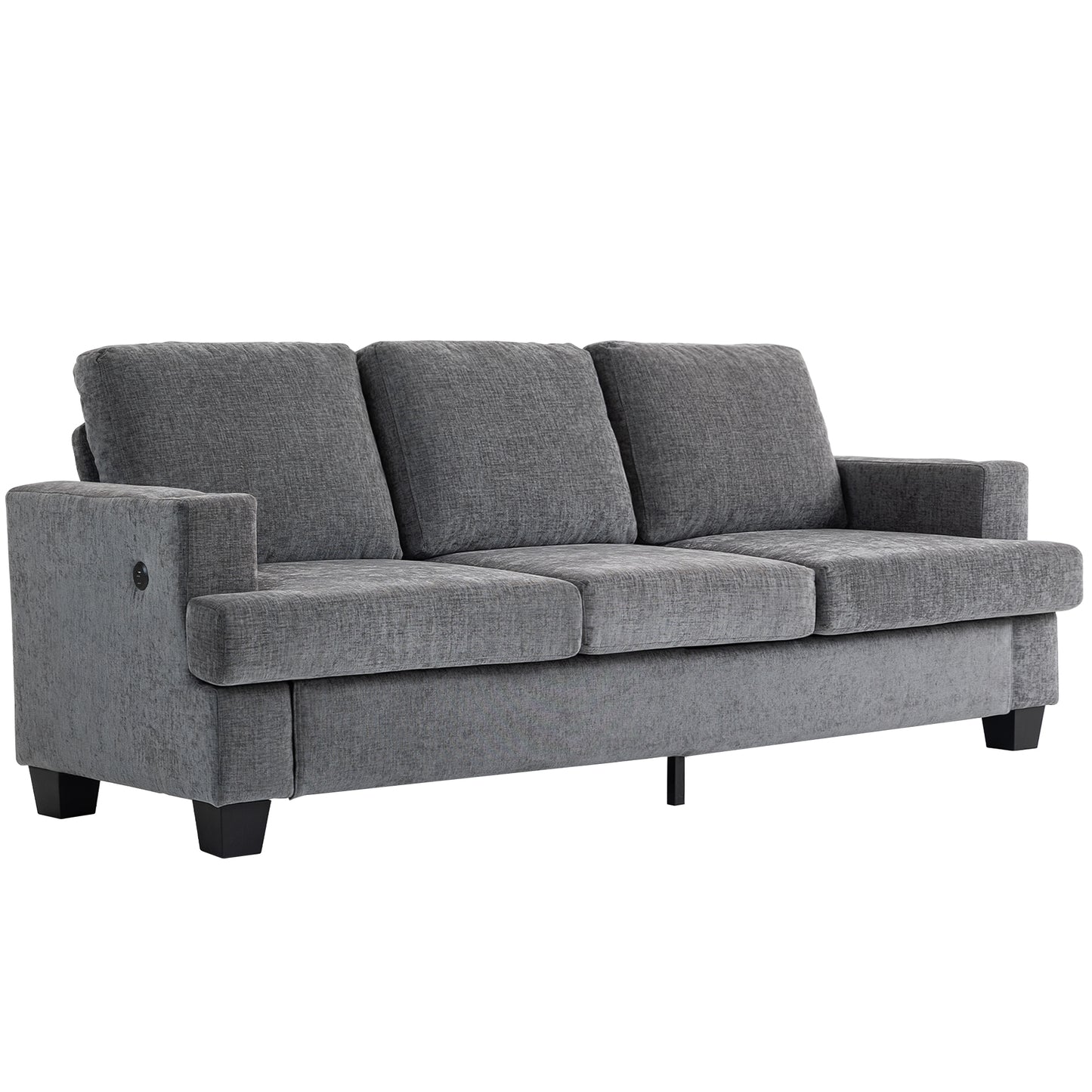 HOMCOM 3-Seater Grey Chenille Sofa with USB Ports and Dual Cup Holders
