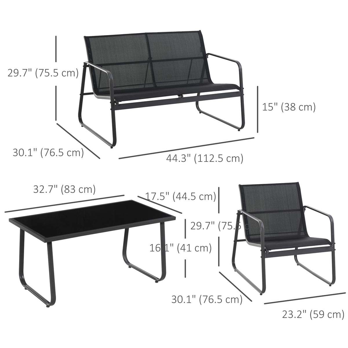 4 Piece Patio Furniture Set, Outdoor Conversation Set with Loveseat Sofa, Armchairs, Glass Top Coffee Table