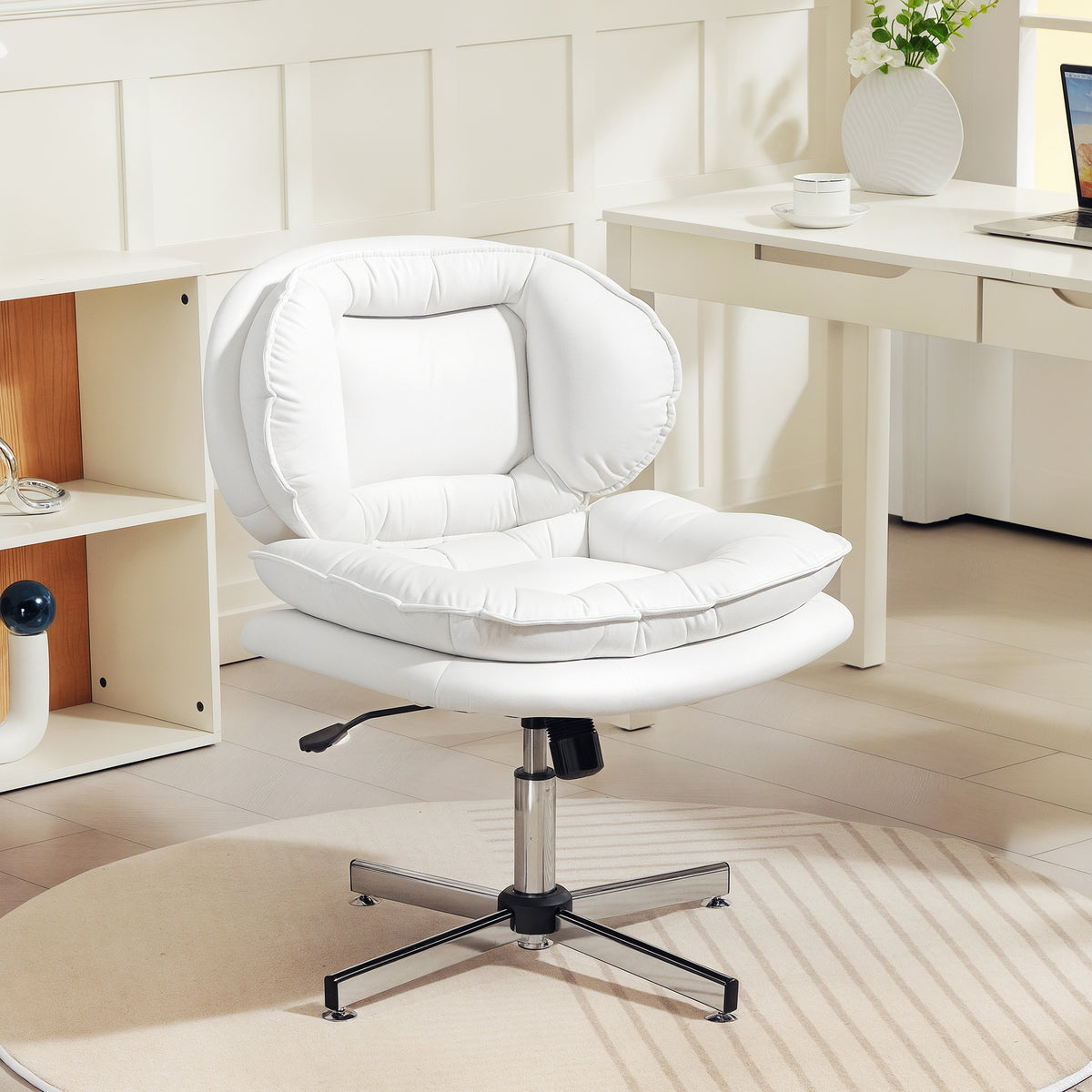 Criss Cross Chair, Armless Wide Office Chair with Leathaire Upholstery, Tilting, White