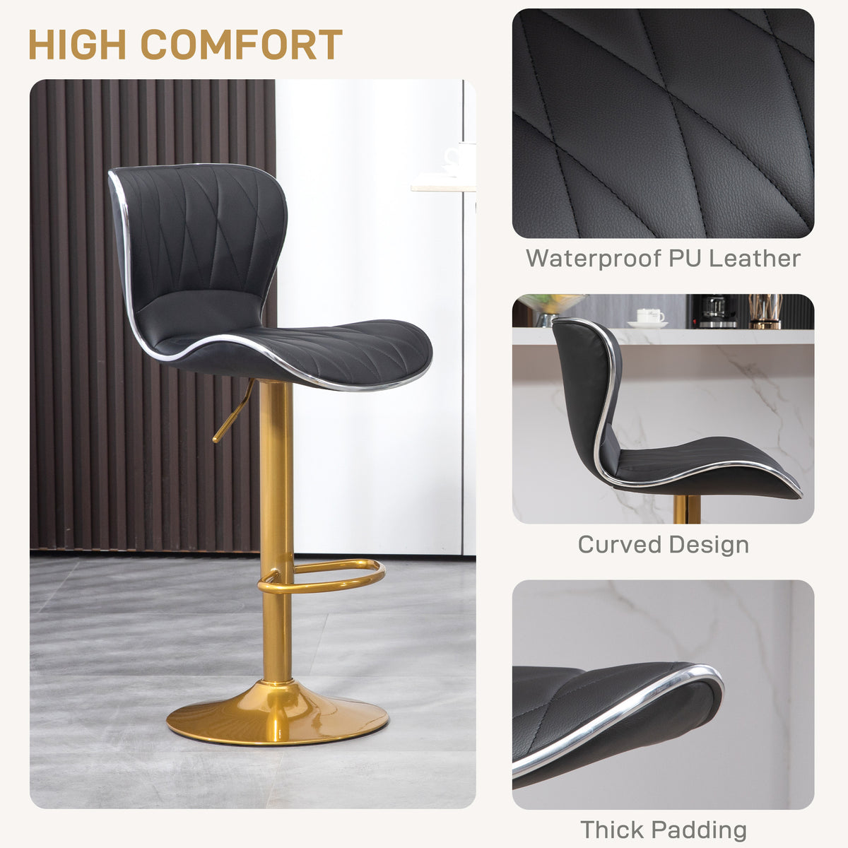Diamond-Tufted PU Leather Swivel Counter Stools, Gold Base, Set of 2